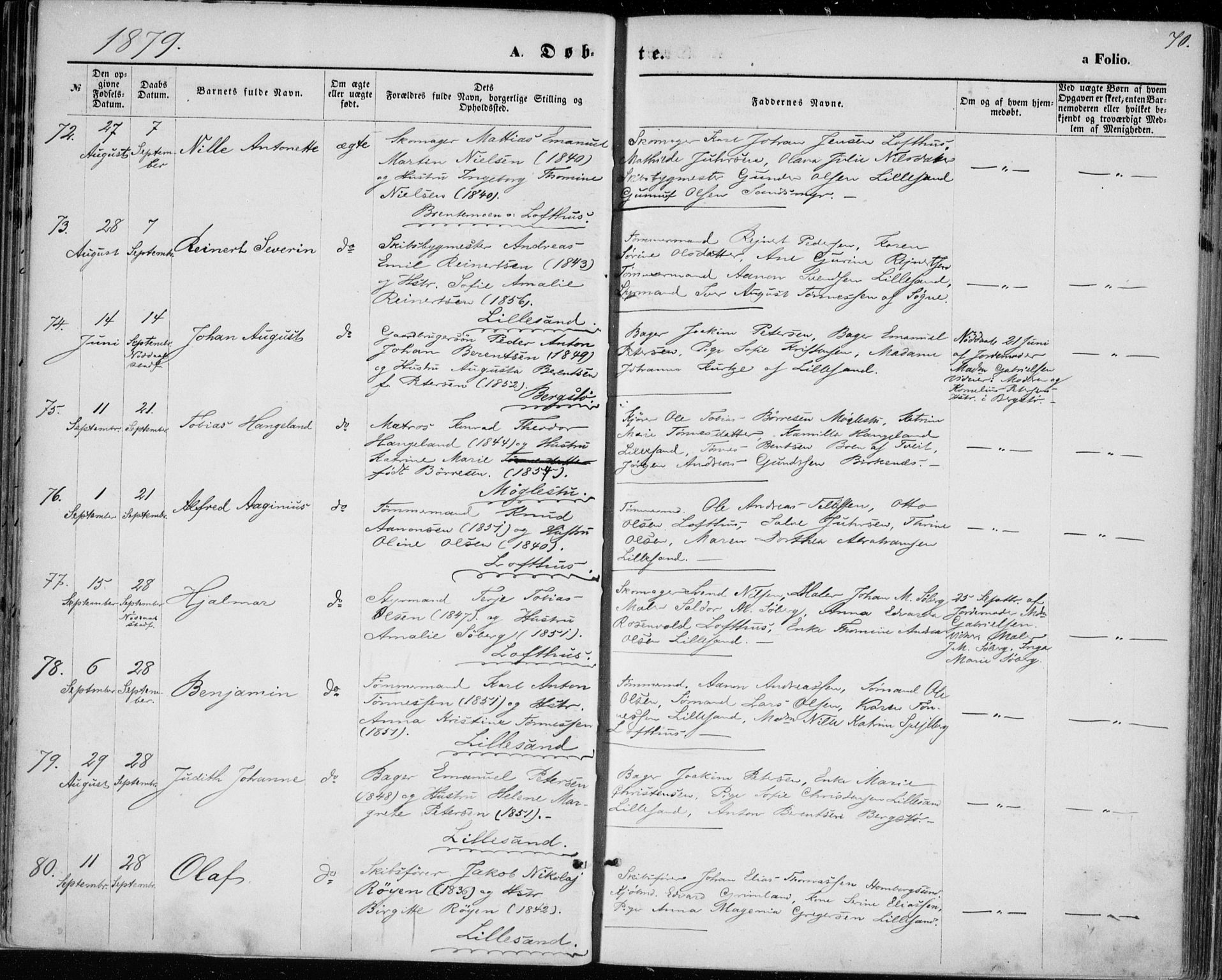 Vestre Moland sokneprestkontor, AV/SAK-1111-0046/F/Fa/Fab/L0008: Parish register (official) no. A 8, 1873-1883, p. 70