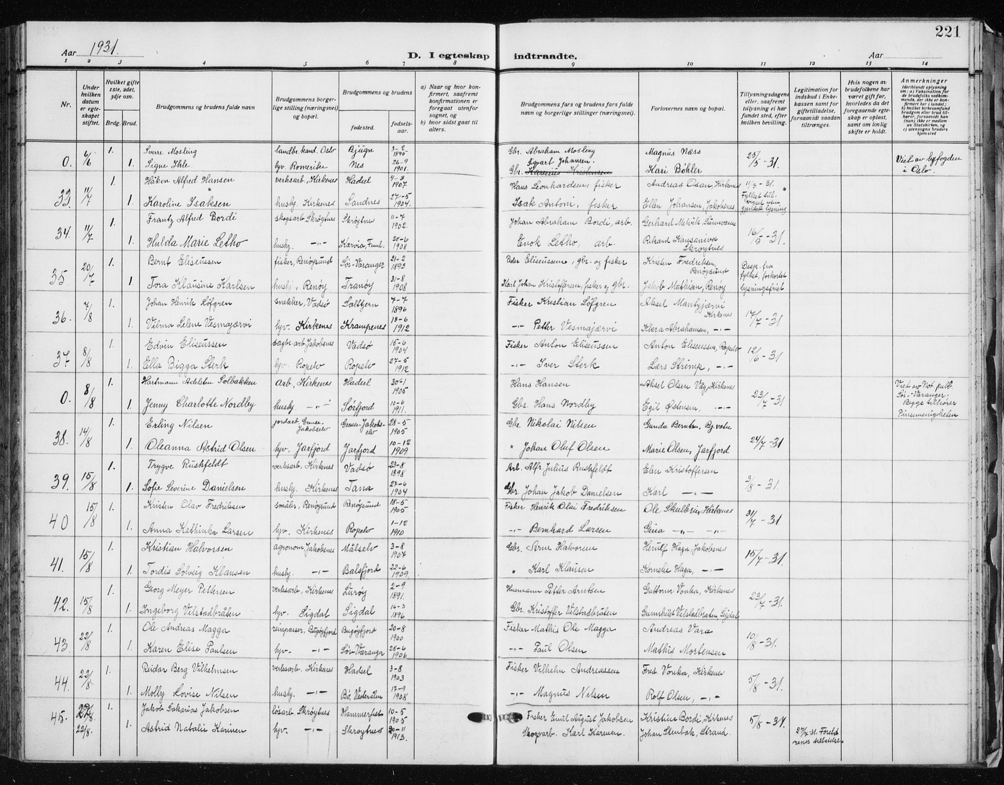 Sør-Varanger sokneprestkontor, AV/SATØ-S-1331/H/Hb/L0006klokker: Parish register (copy) no. 6, 1929-1938, p. 221