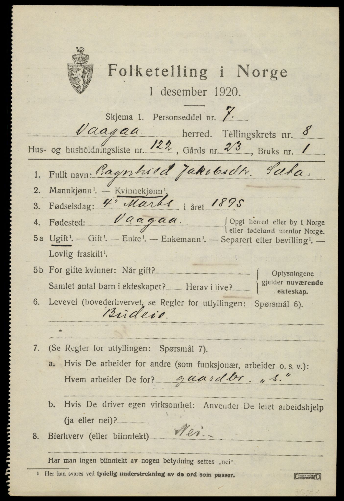 SAH, 1920 census for Vågå, 1920, p. 7336