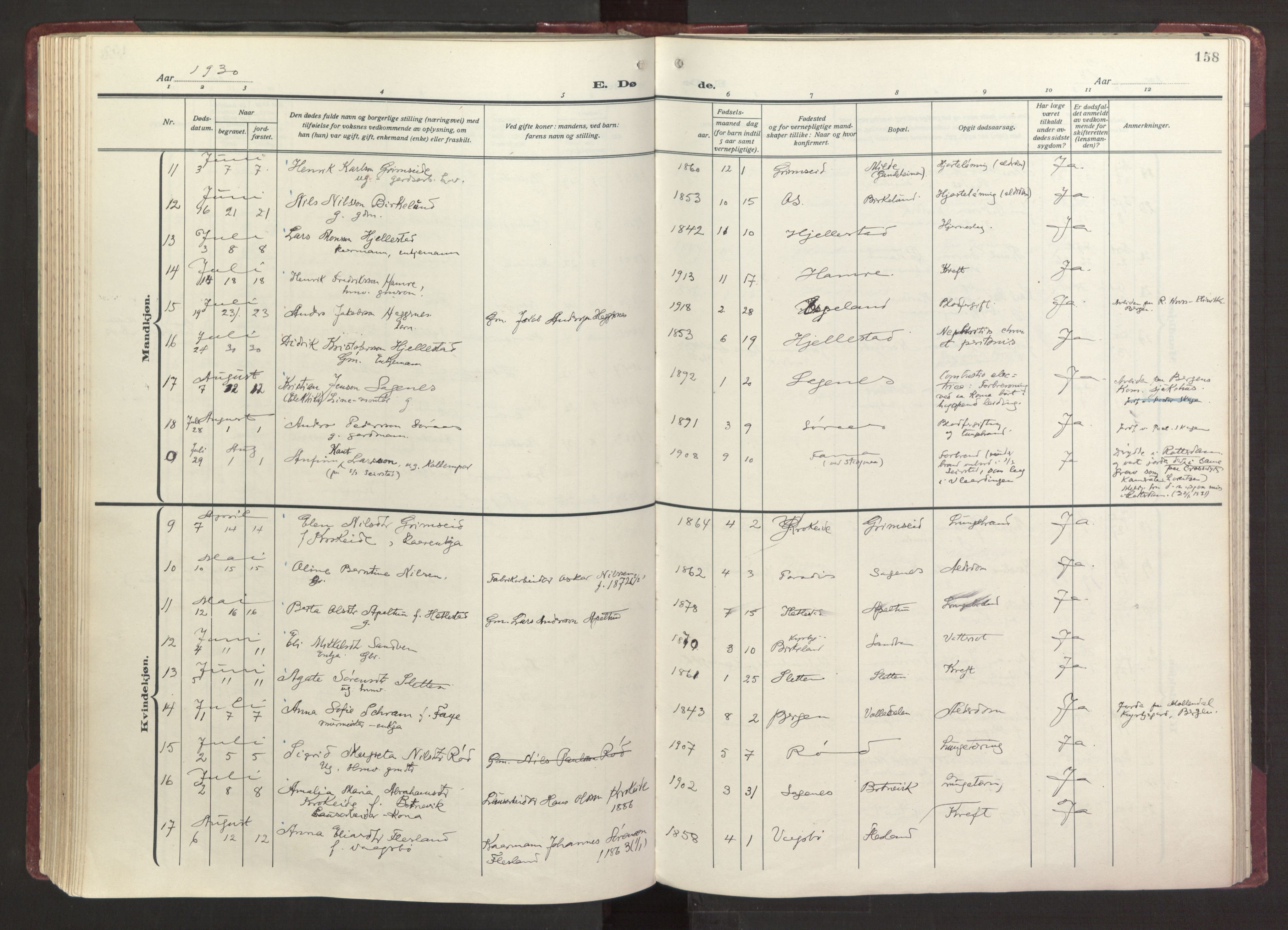 Fana Sokneprestembete, AV/SAB-A-75101/H/Haa/Haab/L0006: Parish register (official) no. B 6, 1923-1967, p. 158