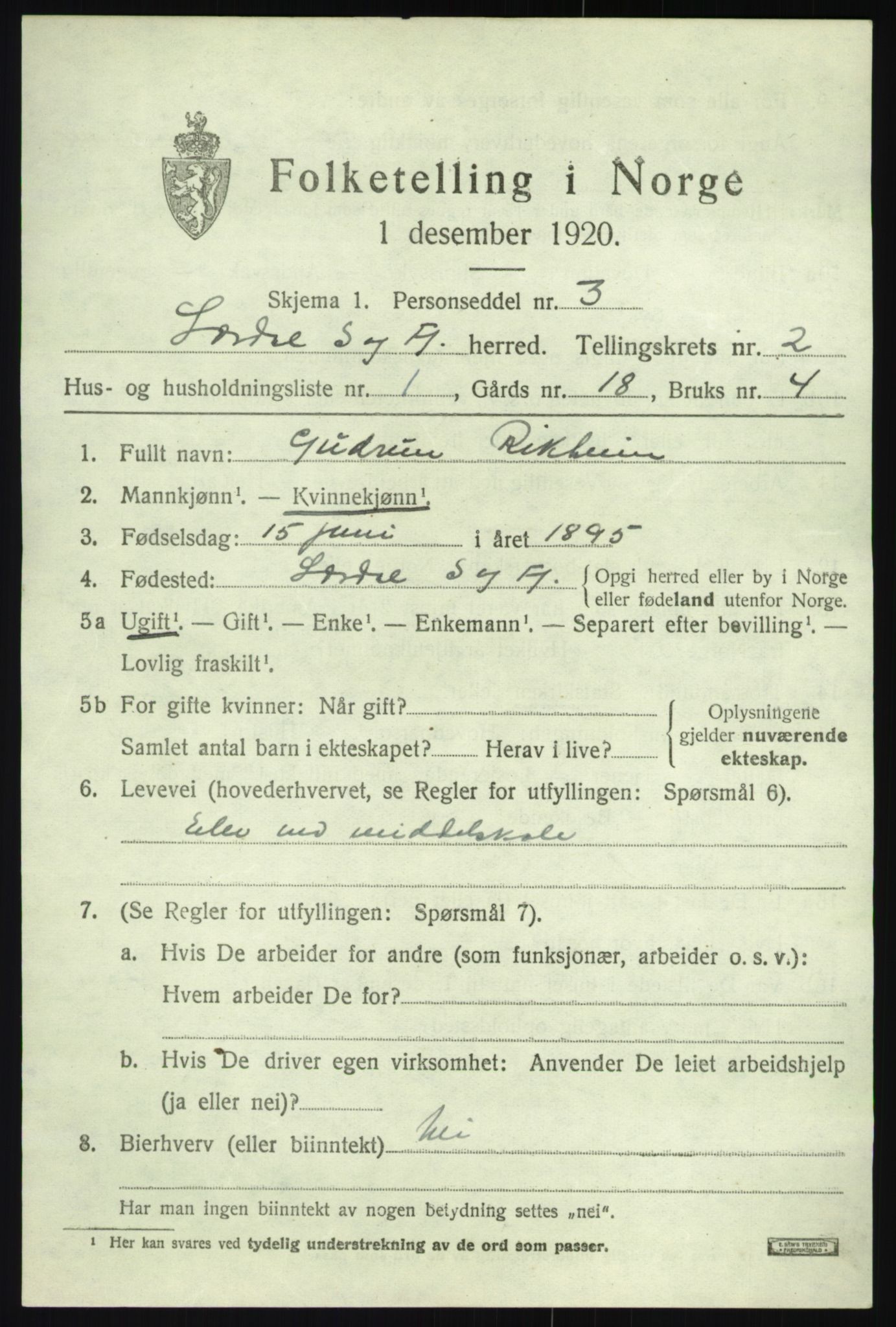 SAB, 1920 census for Lærdal, 1920, p. 1246