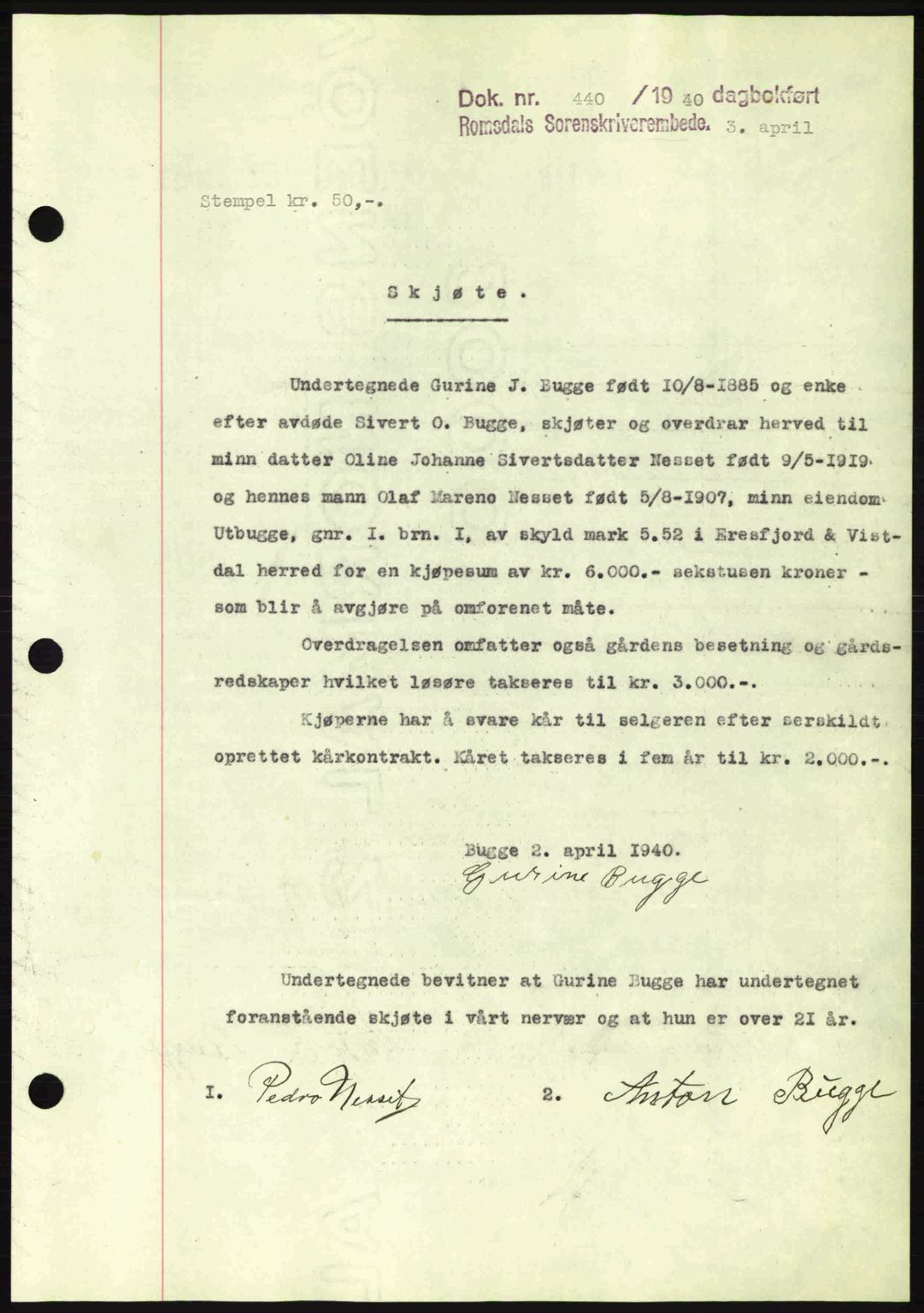 Romsdal sorenskriveri, AV/SAT-A-4149/1/2/2C: Mortgage book no. A8, 1939-1940, Diary no: : 440/1940