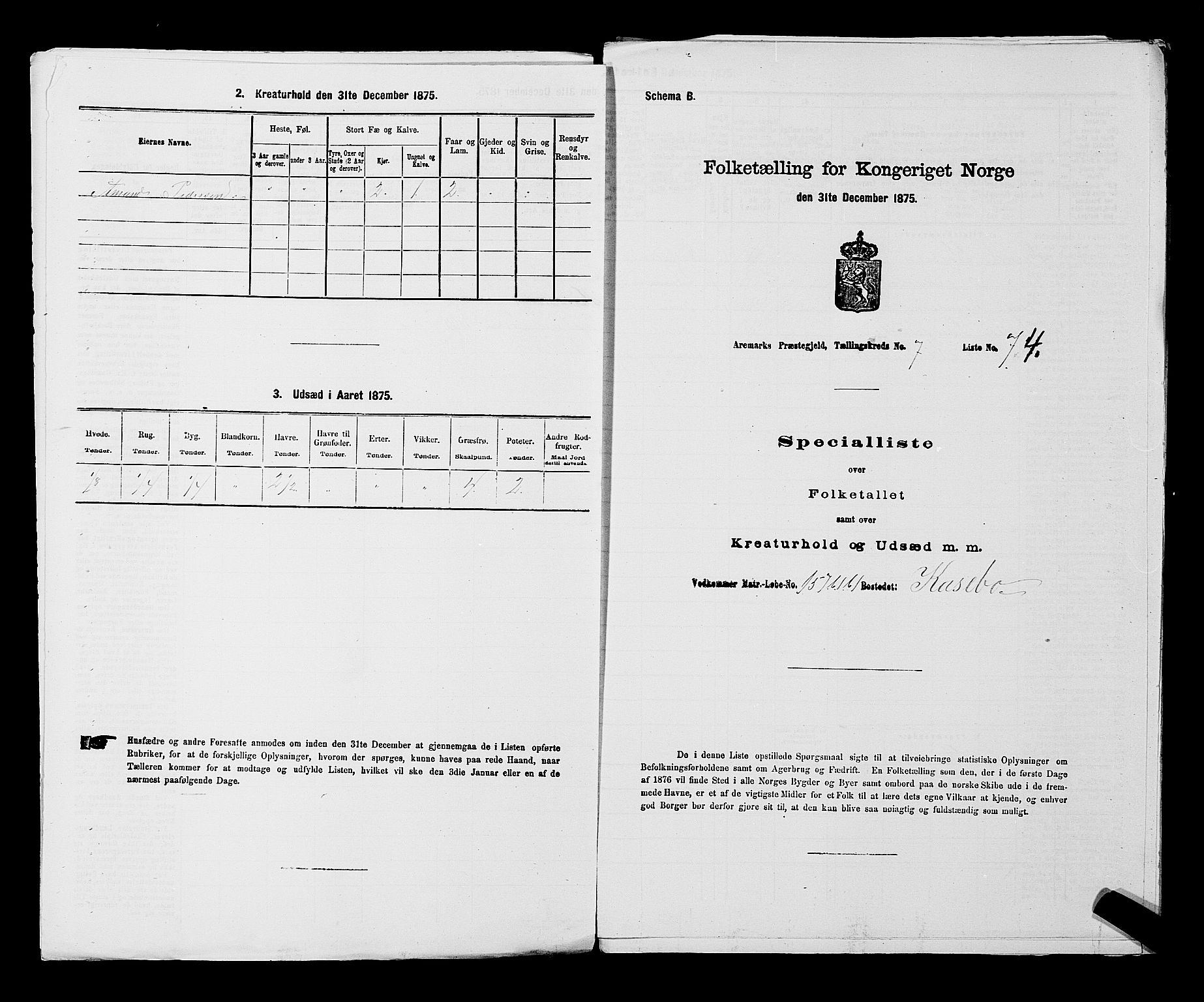 RA, 1875 census for 0118P Aremark, 1875, p. 1135