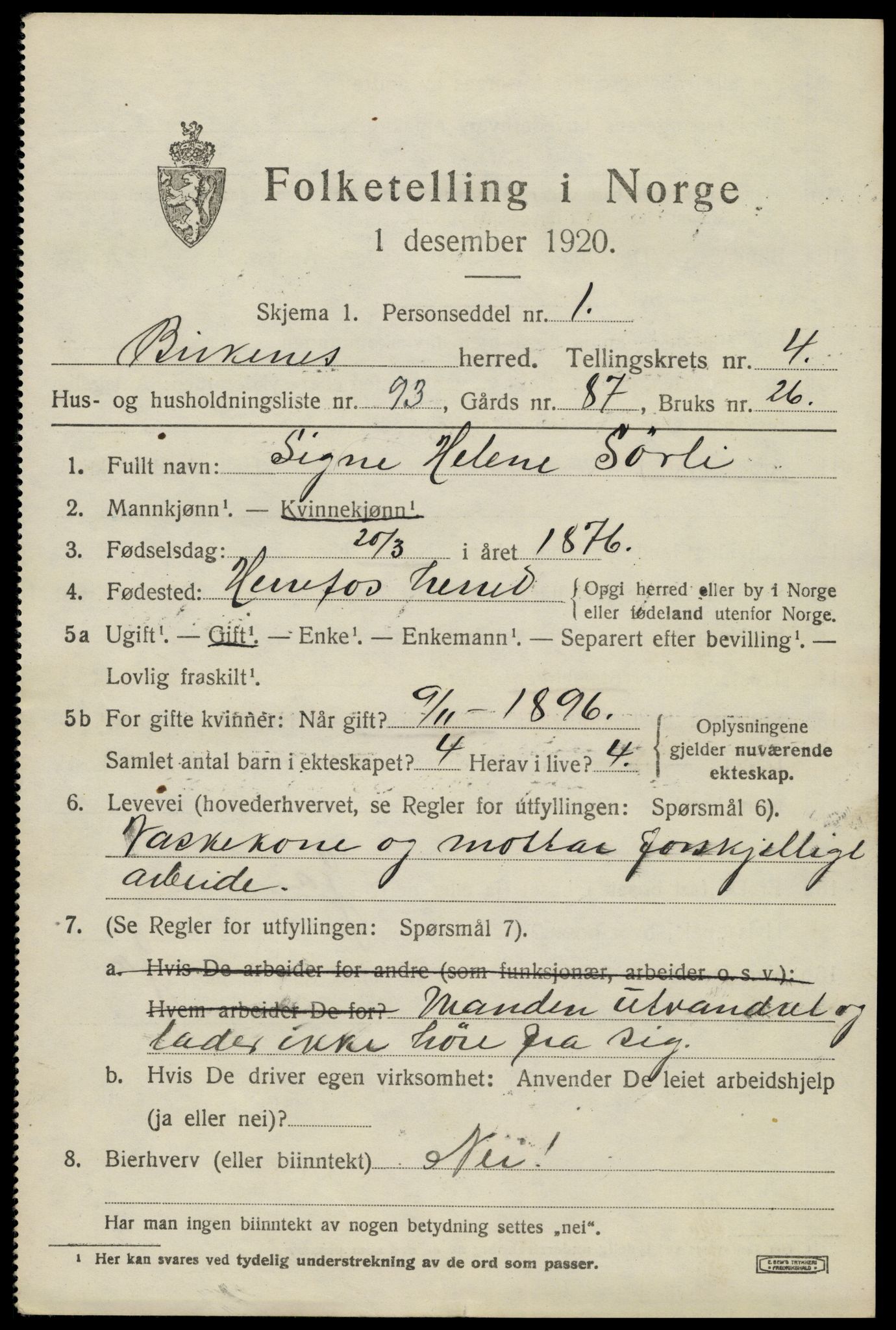 SAK, 1920 census for Birkenes, 1920, p. 3005