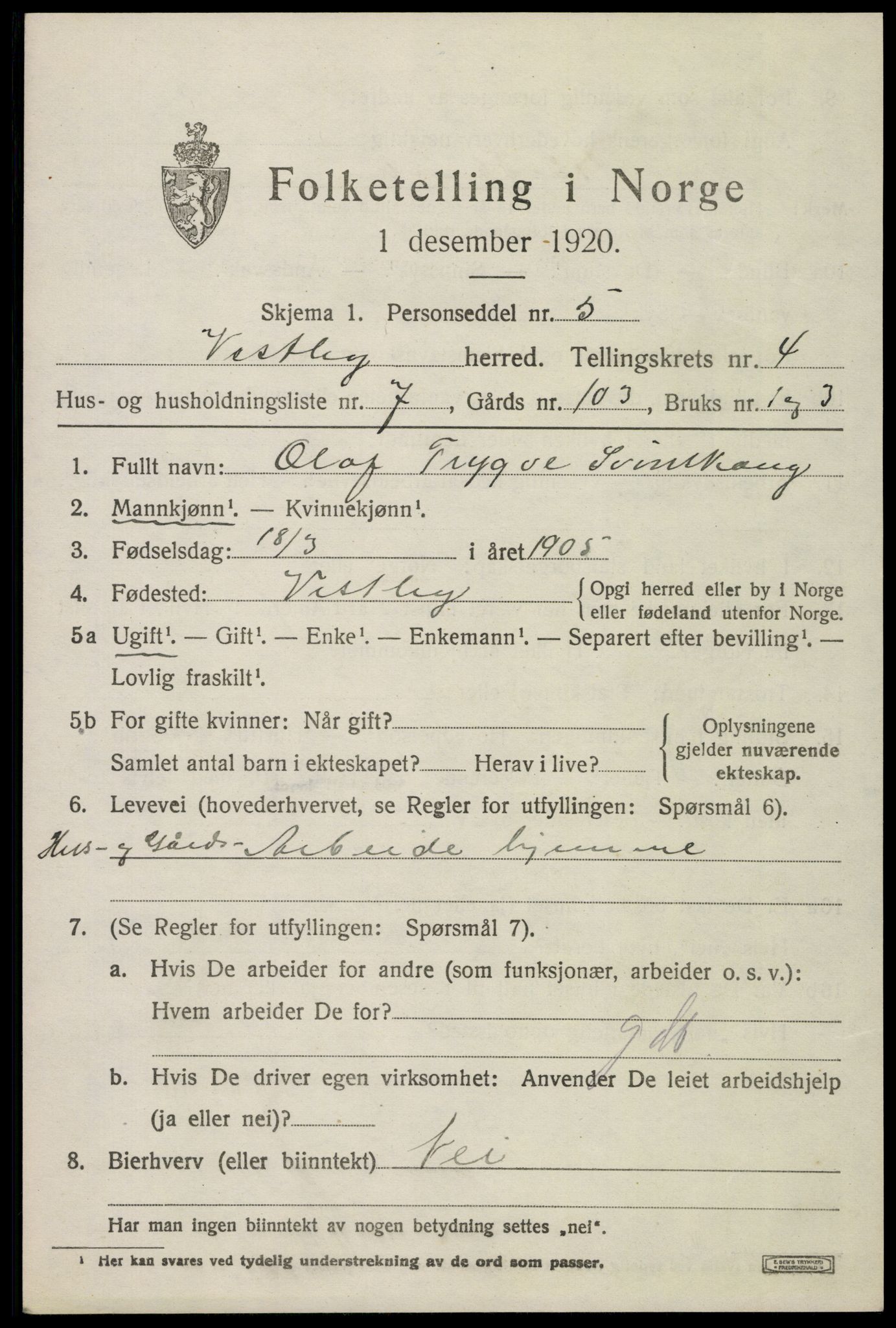 SAO, 1920 census for Vestby, 1920, p. 4535