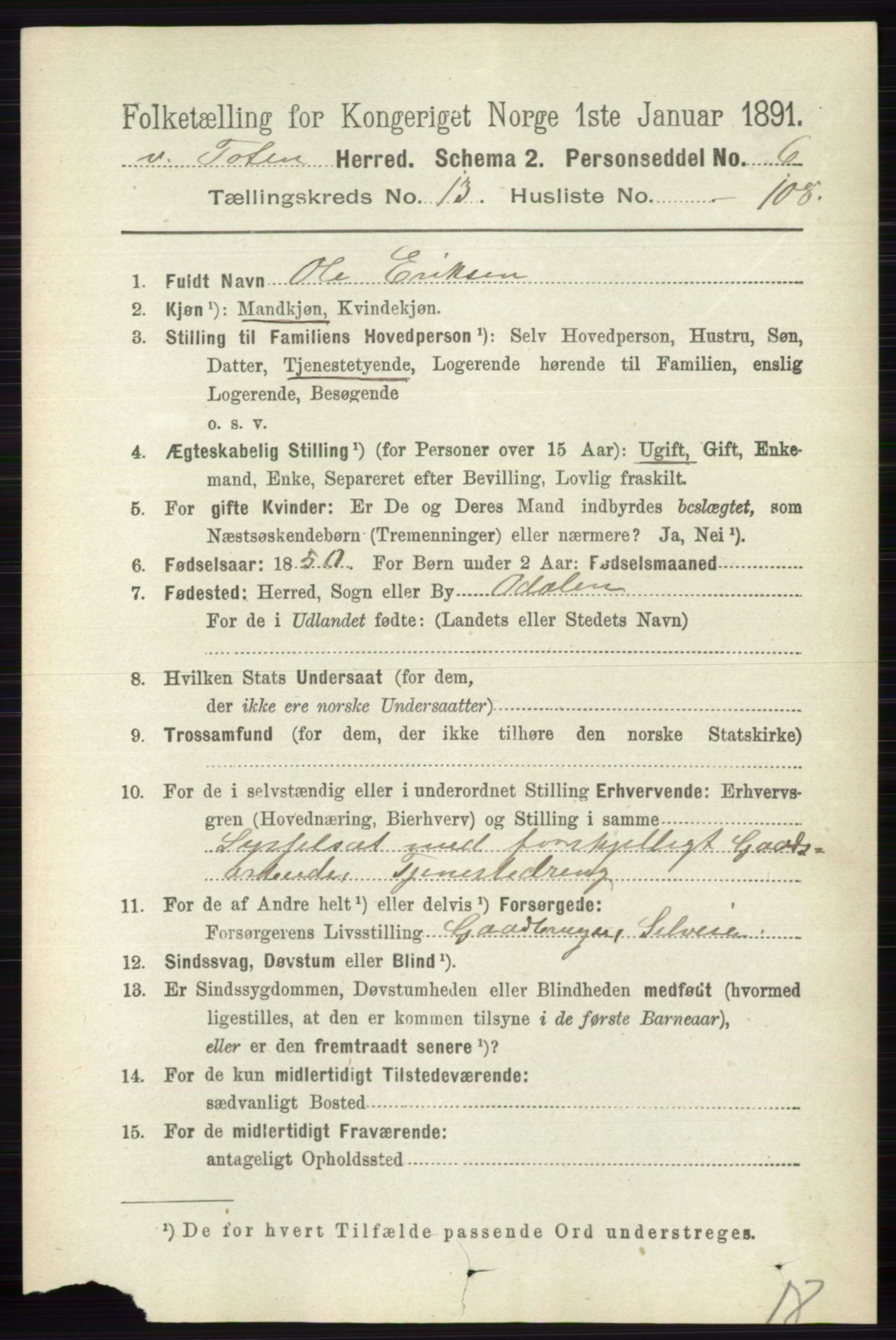 RA, 1891 census for 0529 Vestre Toten, 1891, p. 8403