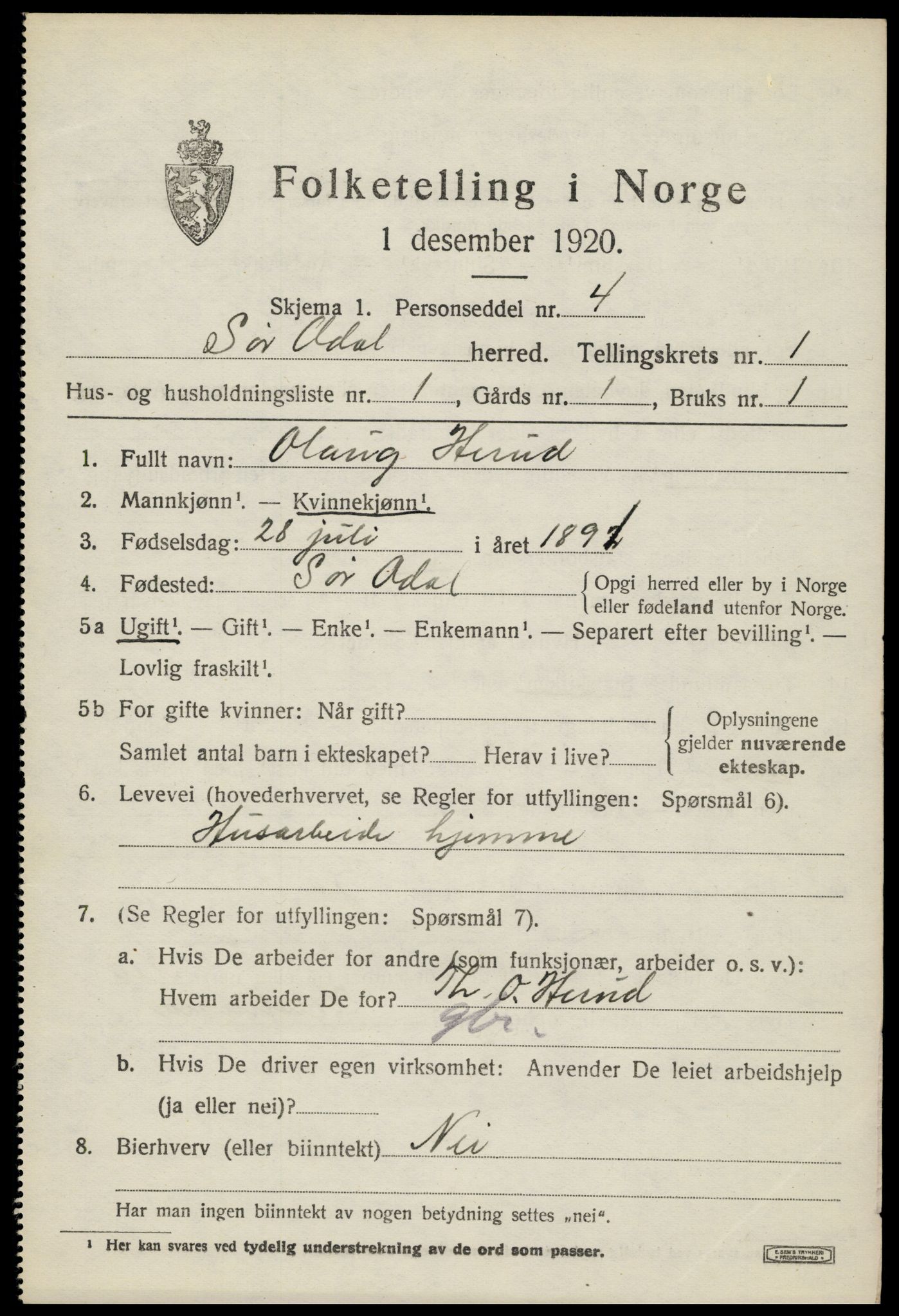 SAH, 1920 census for Sør-Odal, 1920, p. 2531