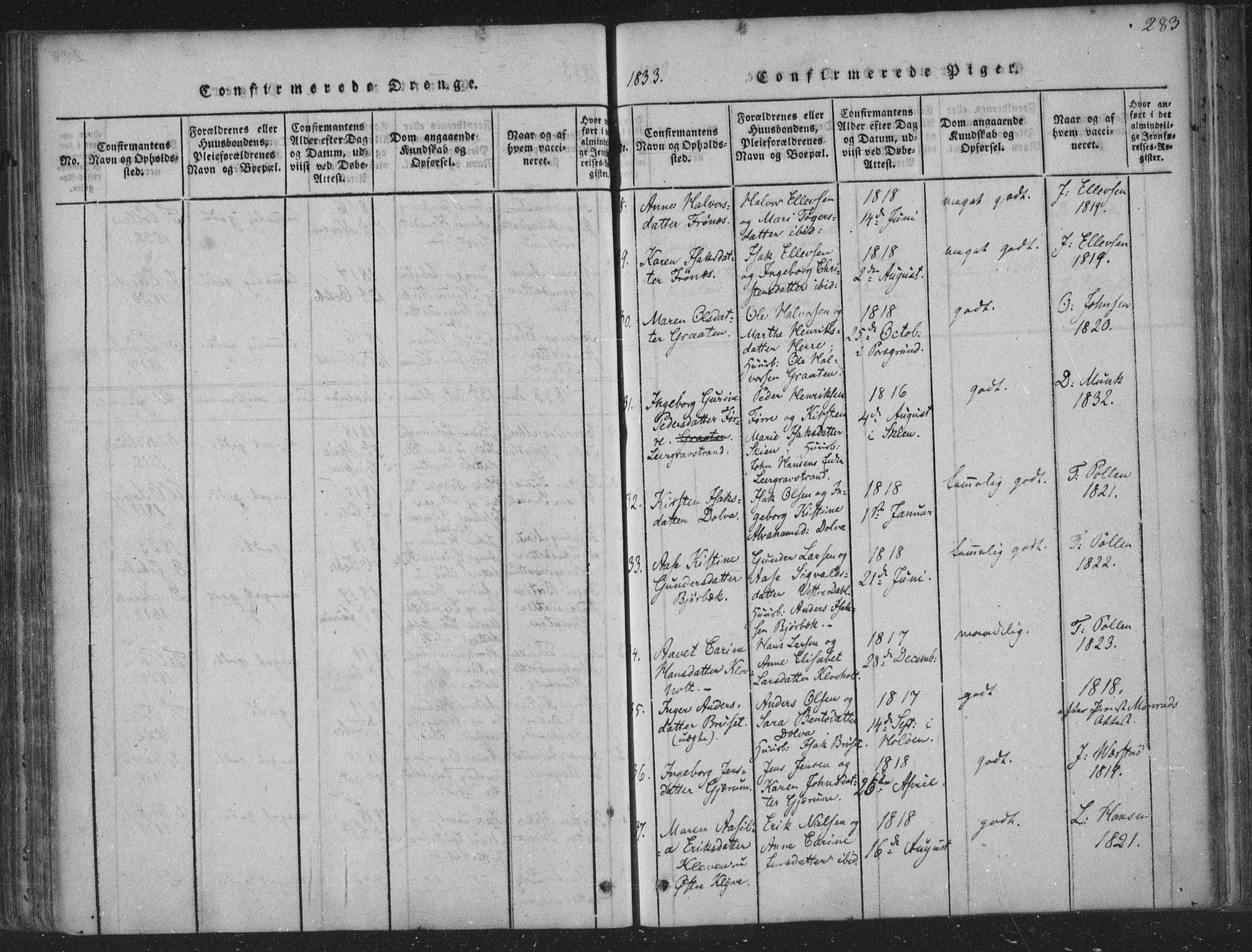 Solum kirkebøker, AV/SAKO-A-306/F/Fa/L0004: Parish register (official) no. I 4, 1814-1833, p. 283