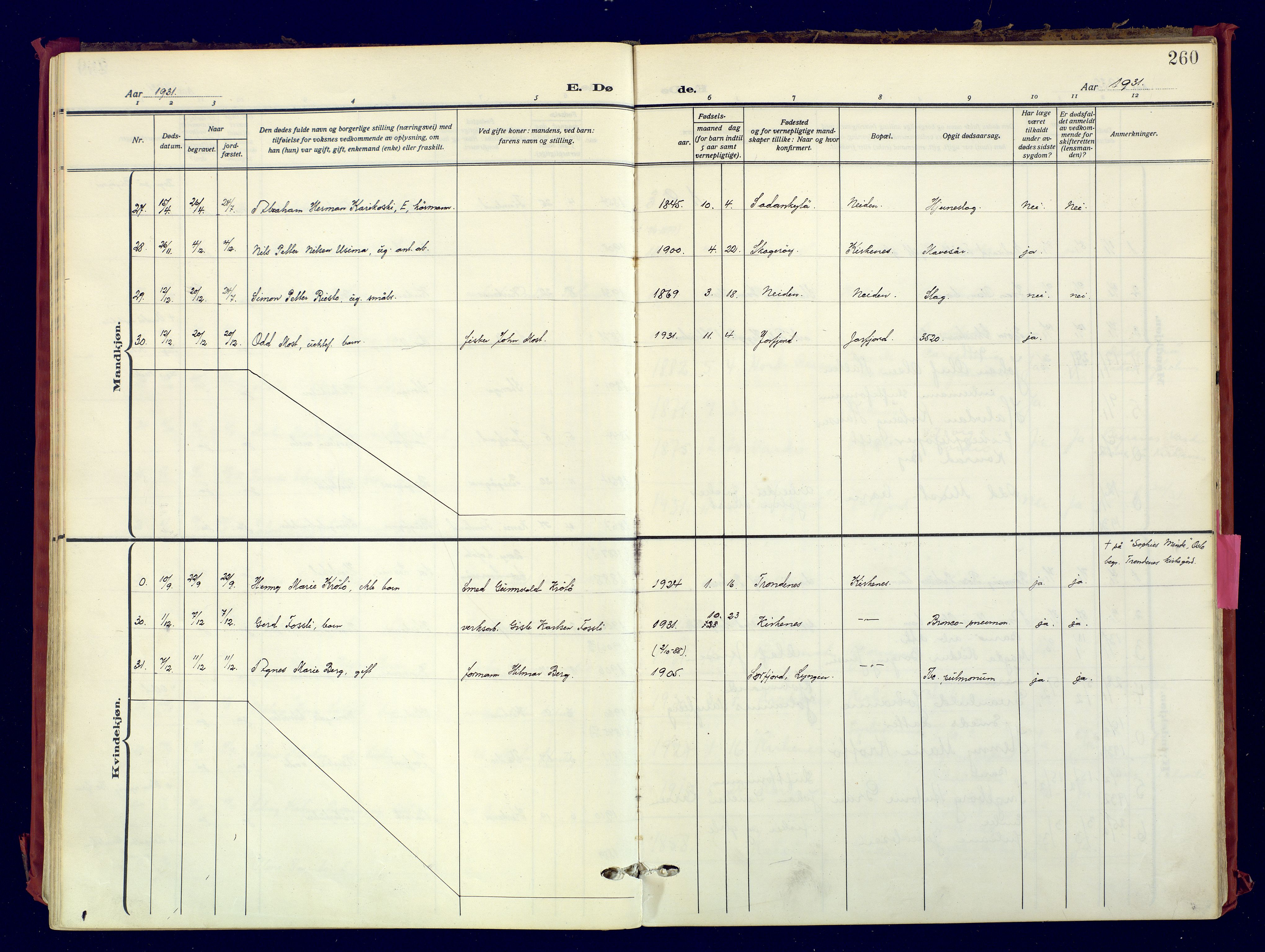 Sør-Varanger sokneprestkontor, AV/SATØ-S-1331/H/Ha/L0007kirke: Parish register (official) no. 7, 1927-1937, p. 260