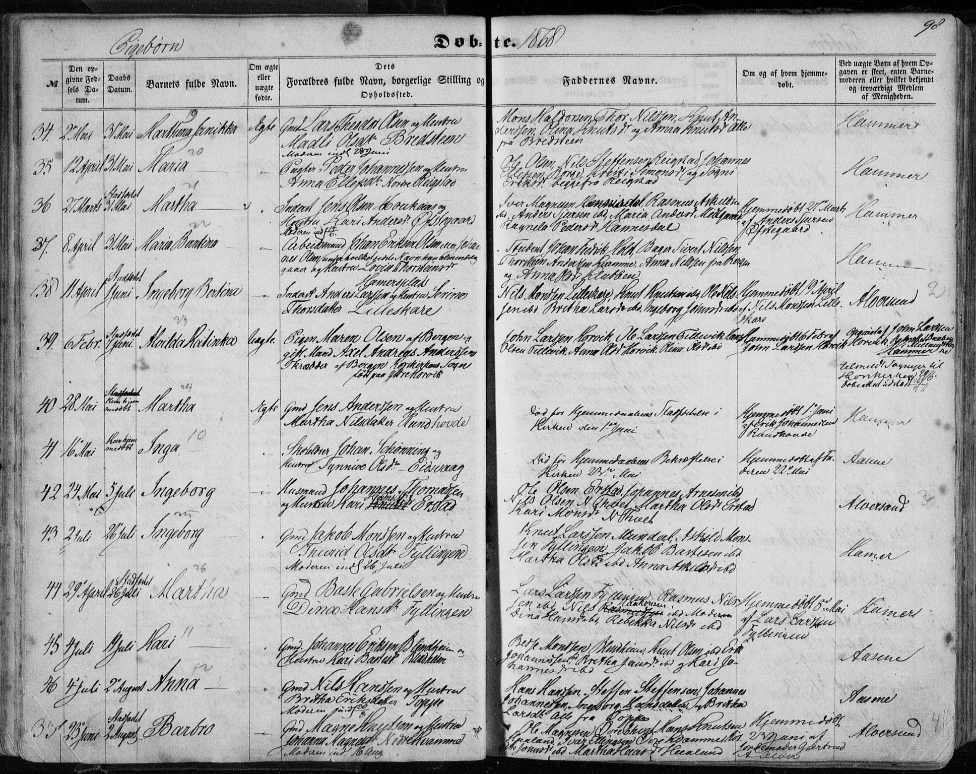 Hamre sokneprestembete, SAB/A-75501/H/Ha/Haa/Haaa/L0014: Parish register (official) no. A 14, 1858-1872, p. 98