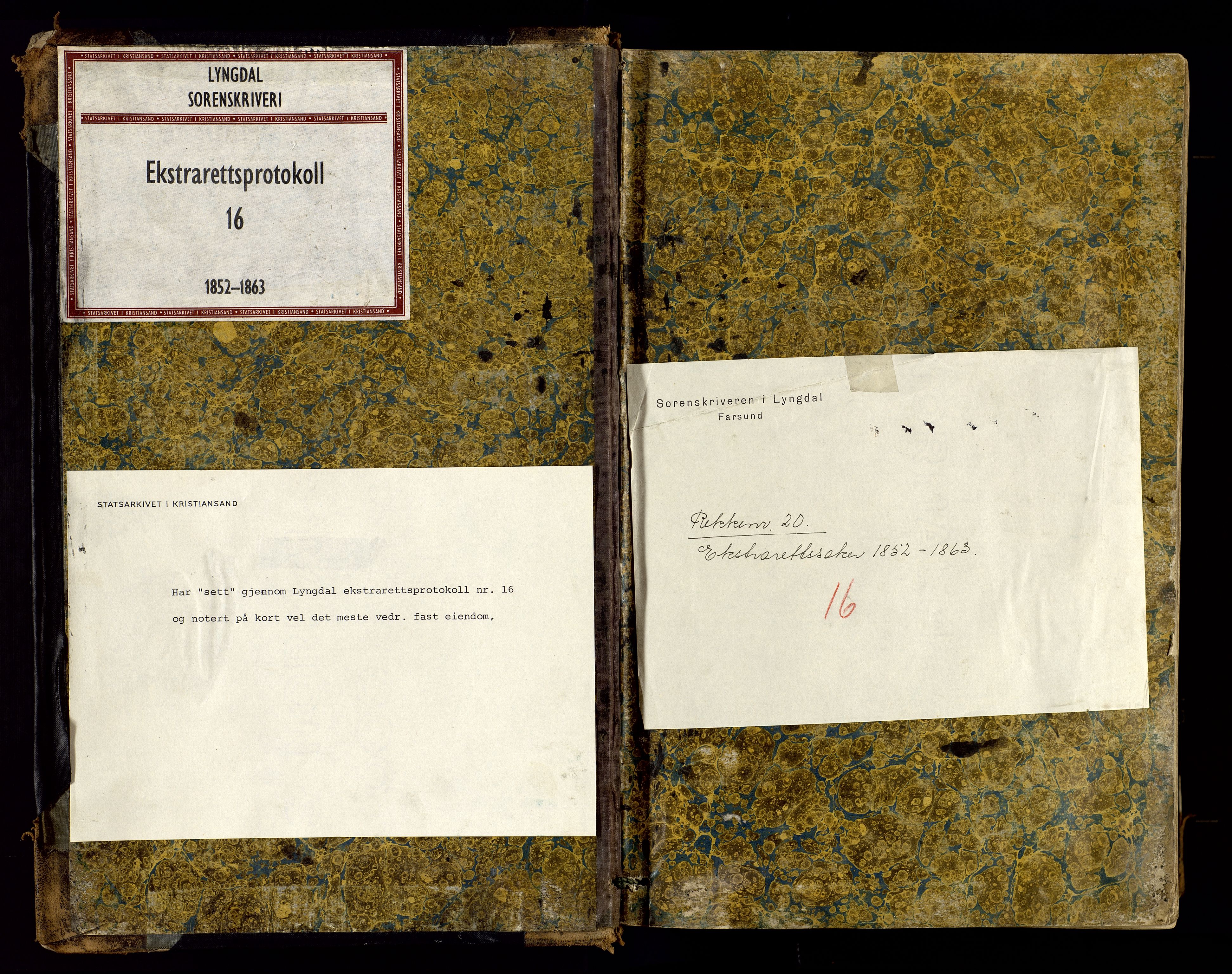 Lyngdal sorenskriveri, SAK/1221-0004/F/Fb/L0080: Ekstrarettsprotokoll nr. 16, 1852-1863
