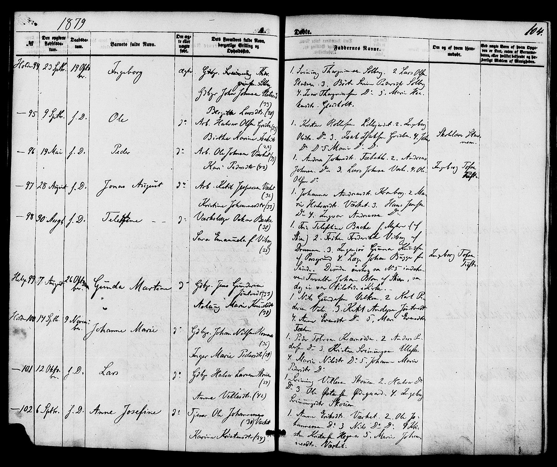 Holla kirkebøker, AV/SAKO-A-272/F/Fa/L0007: Parish register (official) no. 7, 1869-1881, p. 104