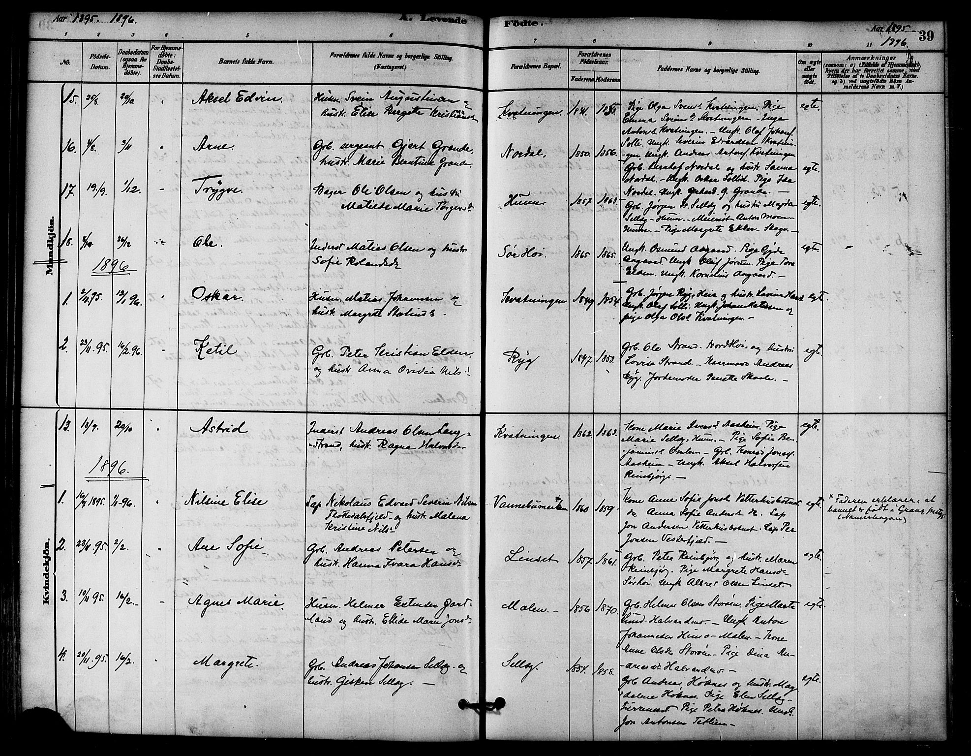 Ministerialprotokoller, klokkerbøker og fødselsregistre - Nord-Trøndelag, SAT/A-1458/766/L0563: Parish register (official) no. 767A01, 1881-1899, p. 39