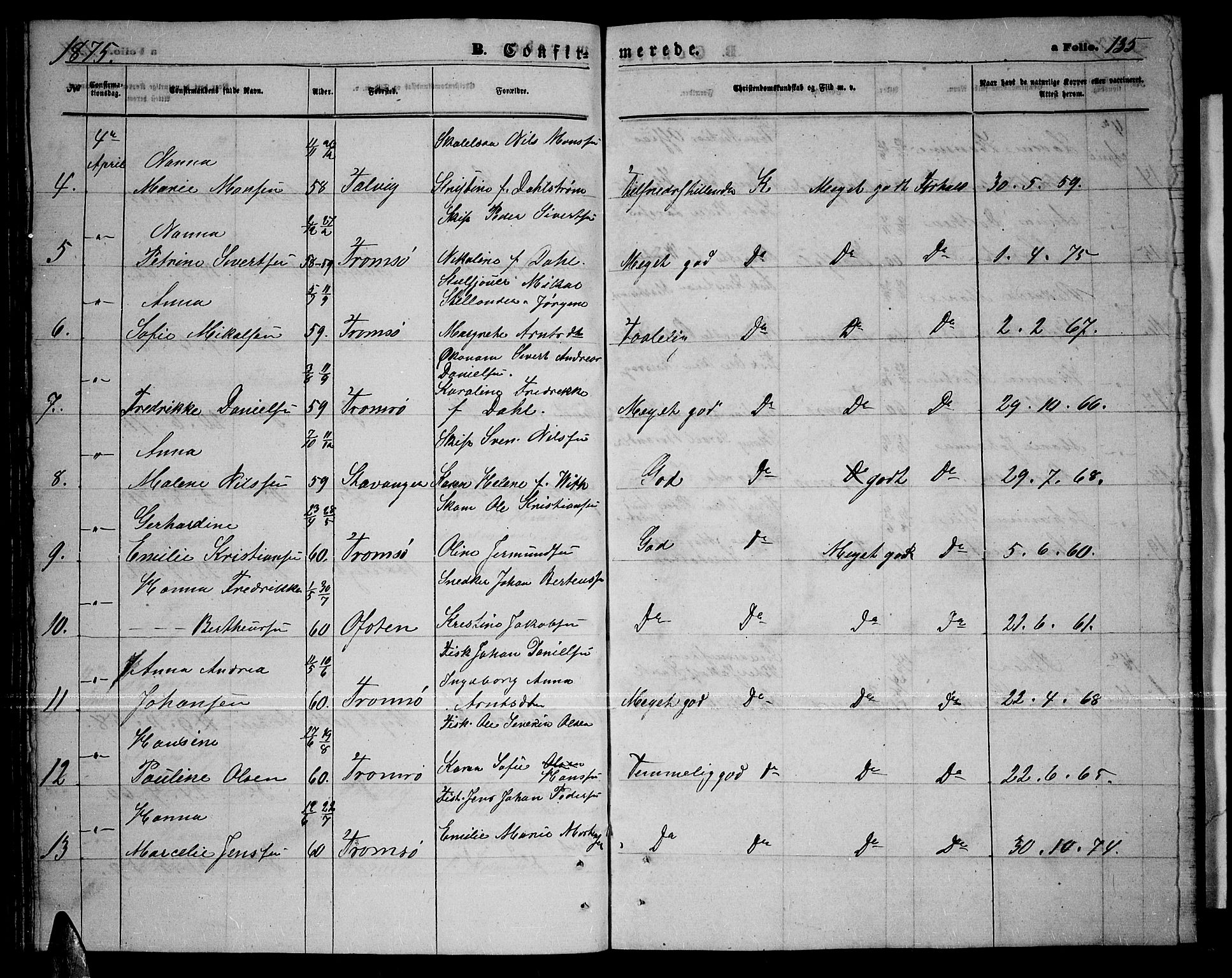Tromsø sokneprestkontor/stiftsprosti/domprosti, SATØ/S-1343/G/Gb/L0007klokker: Parish register (copy) no. 7, 1867-1875, p. 135