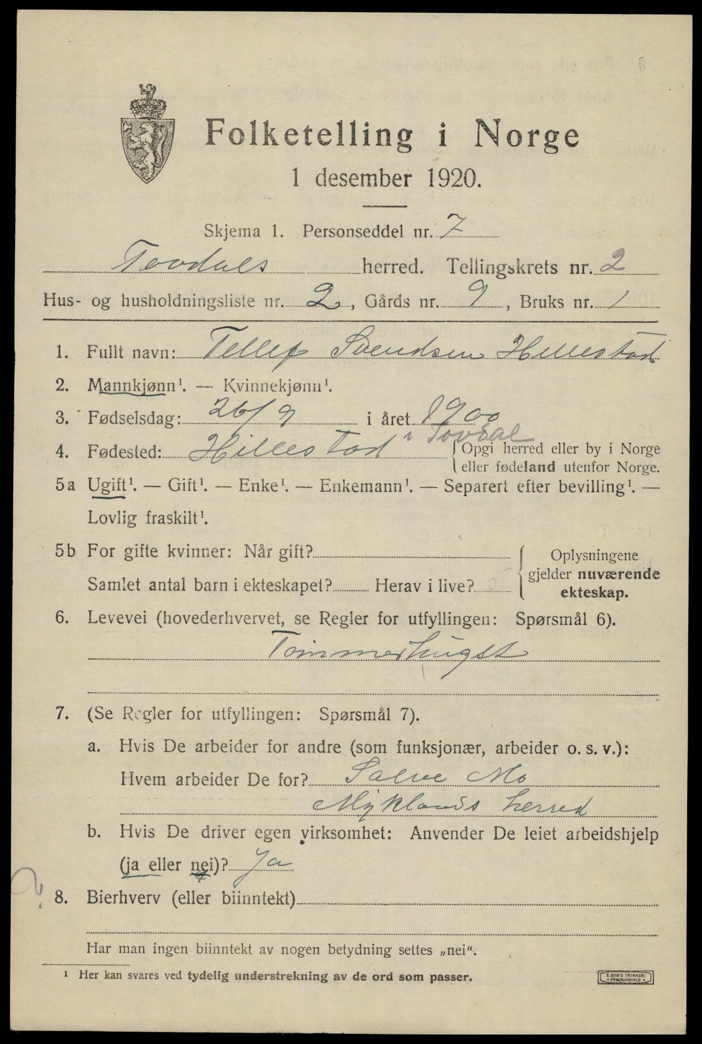 SAK, 1920 census for Tovdal, 1920, p. 335