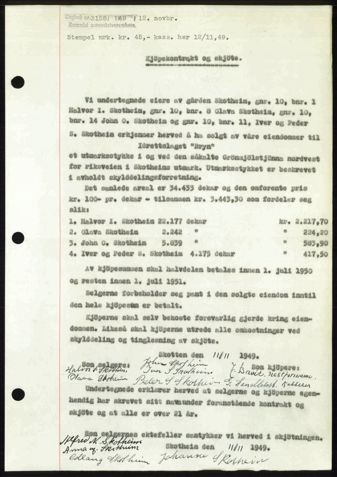 Romsdal sorenskriveri, AV/SAT-A-4149/1/2/2C: Mortgage book no. A31, 1949-1949, Diary no: : 3158/1949