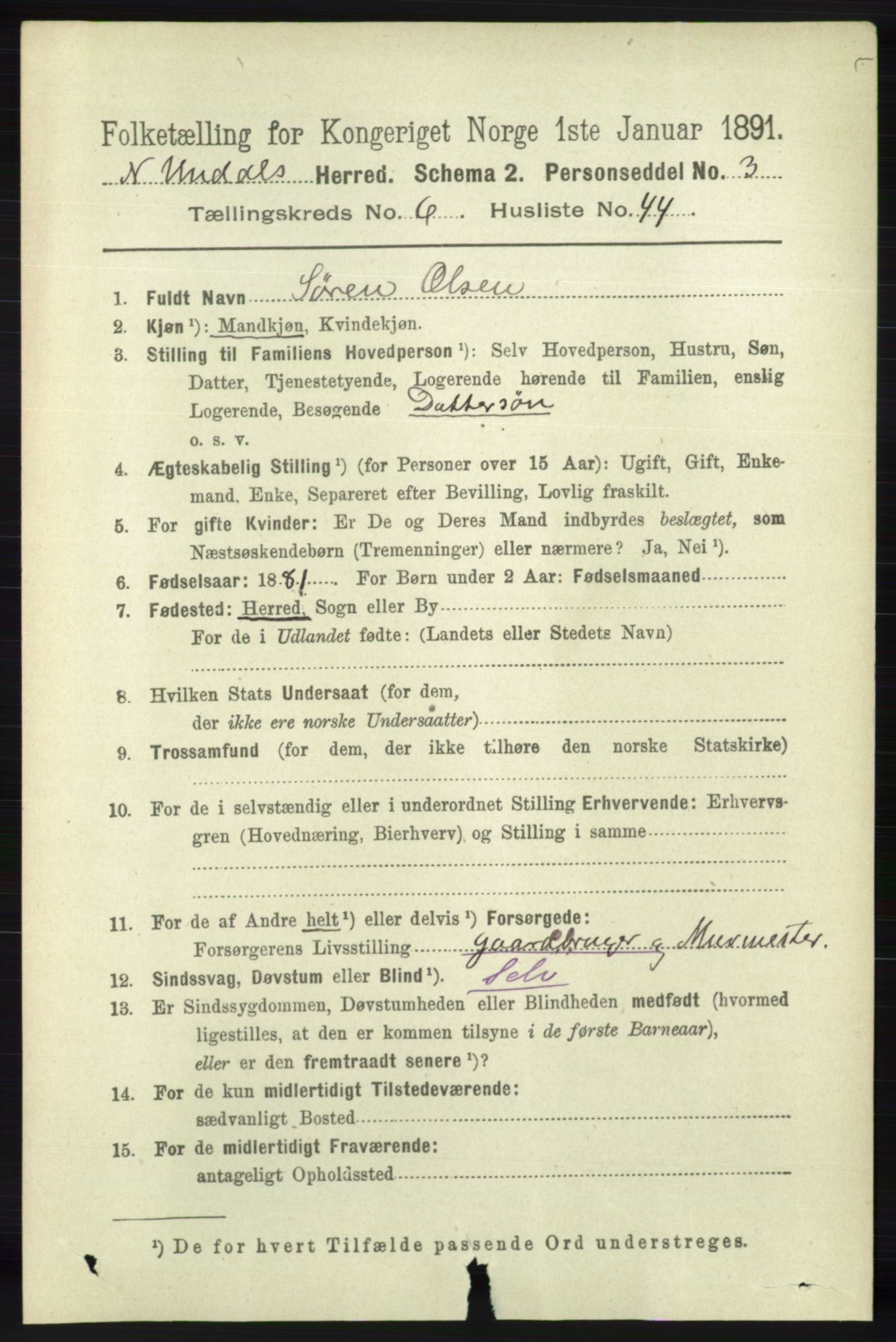 RA, 1891 census for 1028 Nord-Audnedal, 1891, p. 1729