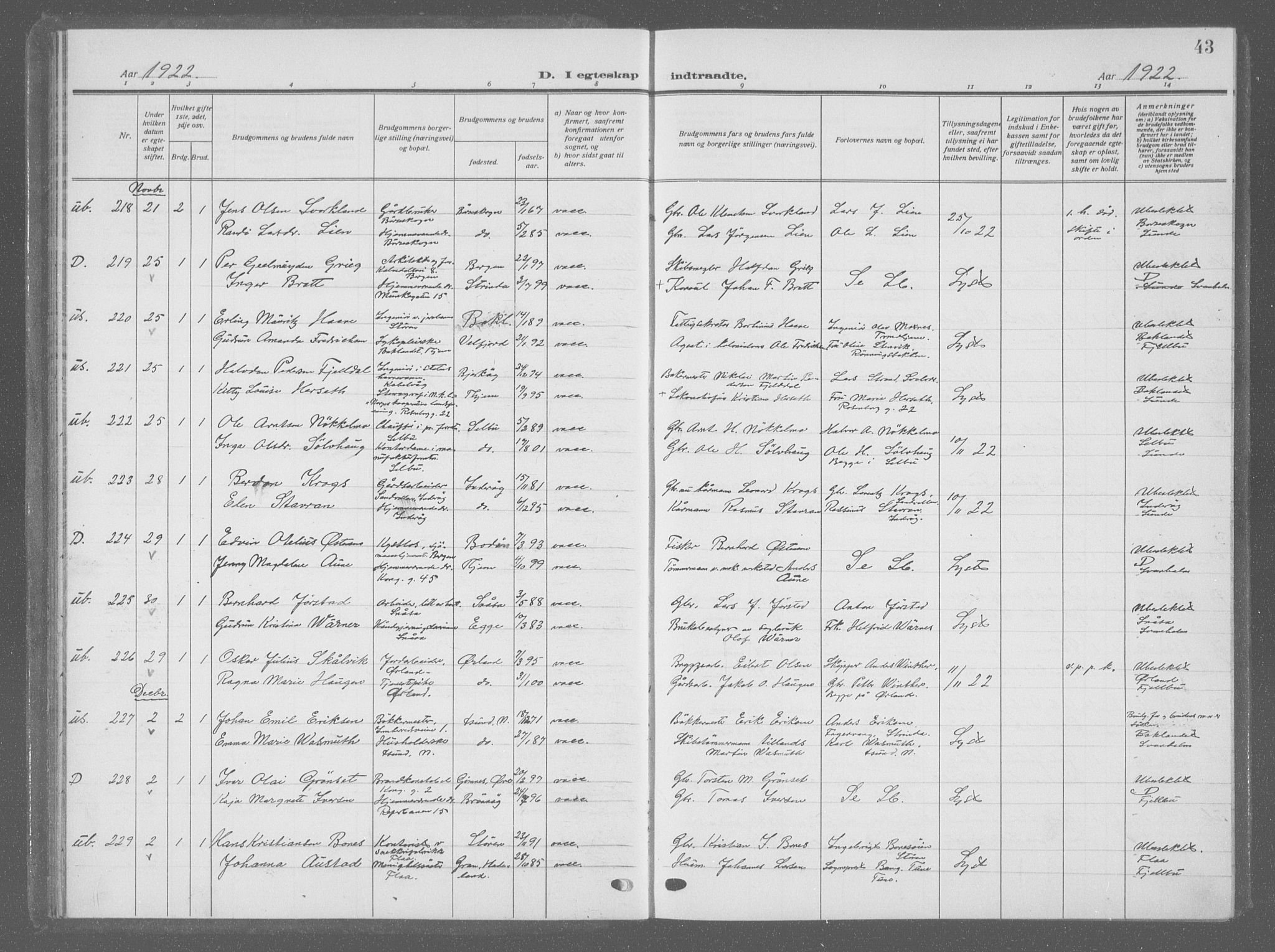 Ministerialprotokoller, klokkerbøker og fødselsregistre - Sør-Trøndelag, AV/SAT-A-1456/601/L0098: Parish register (copy) no. 601C16, 1921-1934, p. 43