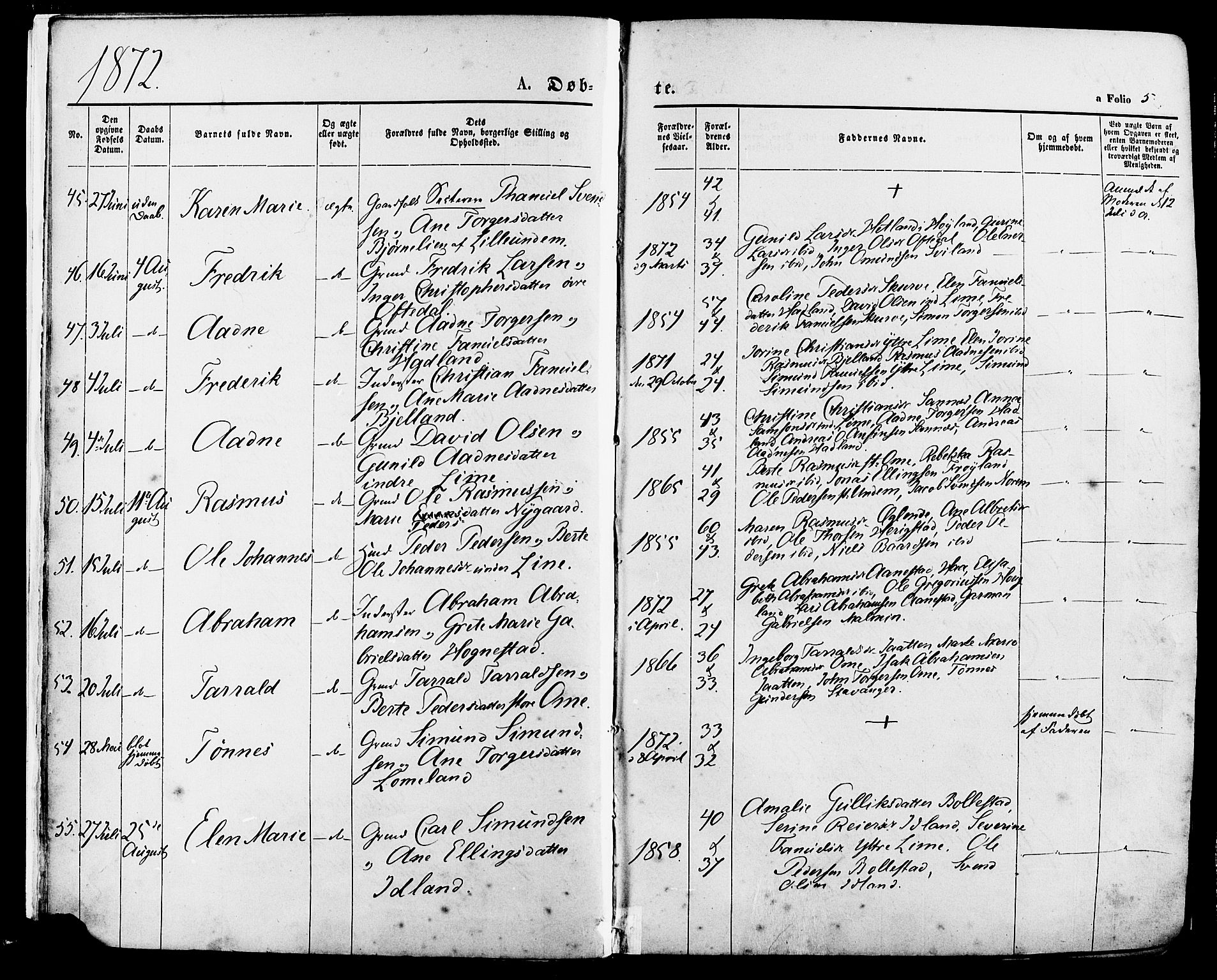 Lye sokneprestkontor, AV/SAST-A-101794/001/30BA/L0008: Parish register (official) no. A 7, 1872-1881, p. 5