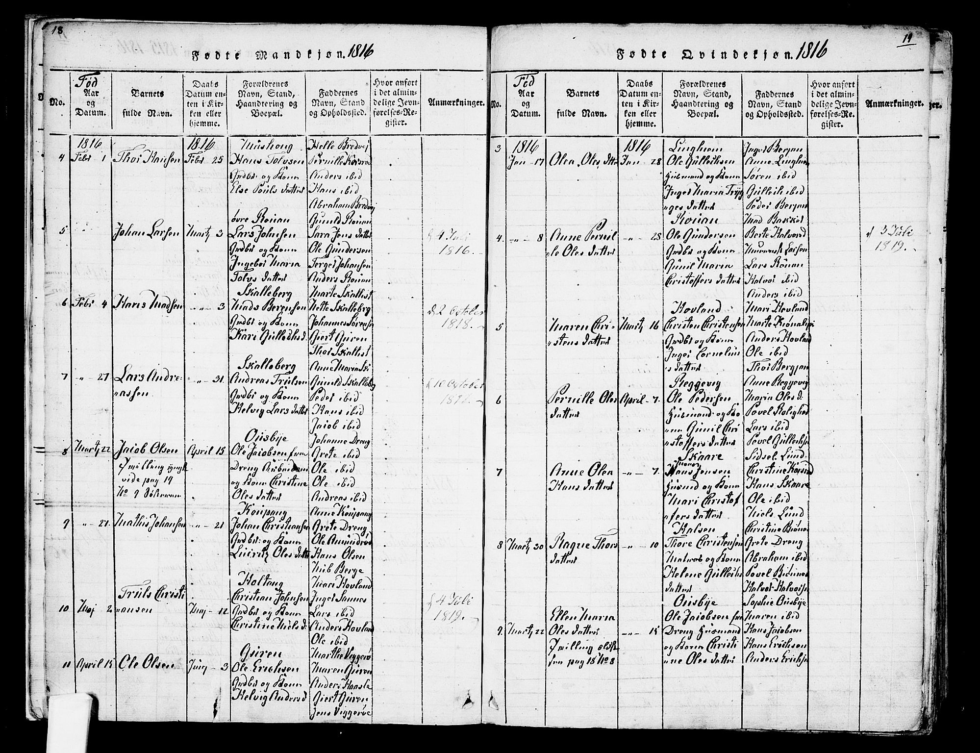 Tjølling kirkebøker, SAKO/A-60/F/Fa/L0005: Parish register (official) no. 5, 1814-1836, p. 18-19