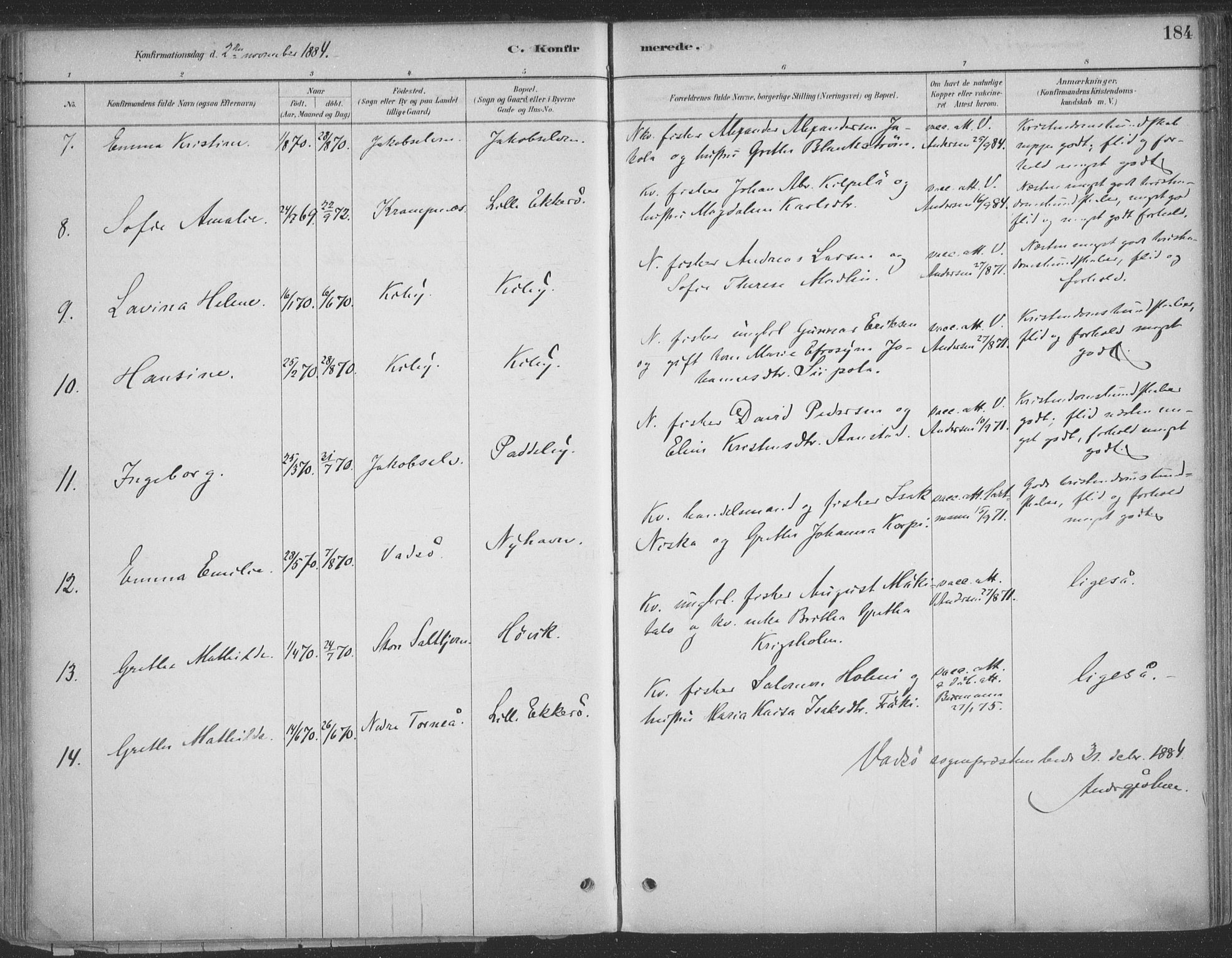 Vadsø sokneprestkontor, SATØ/S-1325/H/Ha/L0009kirke: Parish register (official) no. 9, 1881-1917, p. 184