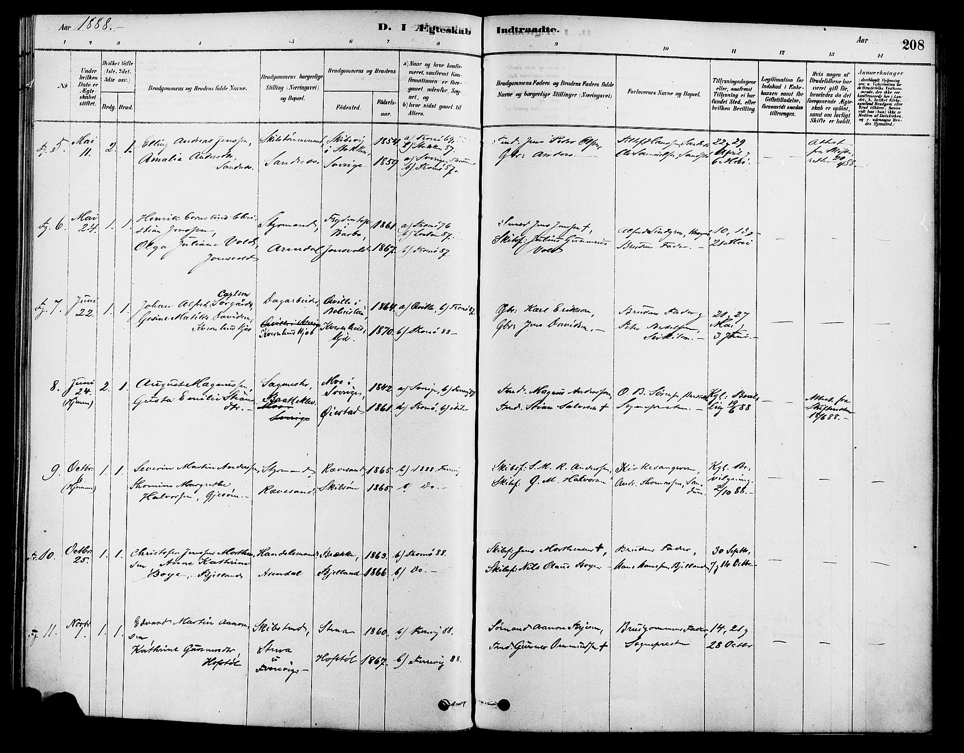 Tromøy sokneprestkontor, AV/SAK-1111-0041/F/Fa/L0009: Parish register (official) no. A 9, 1878-1896, p. 208