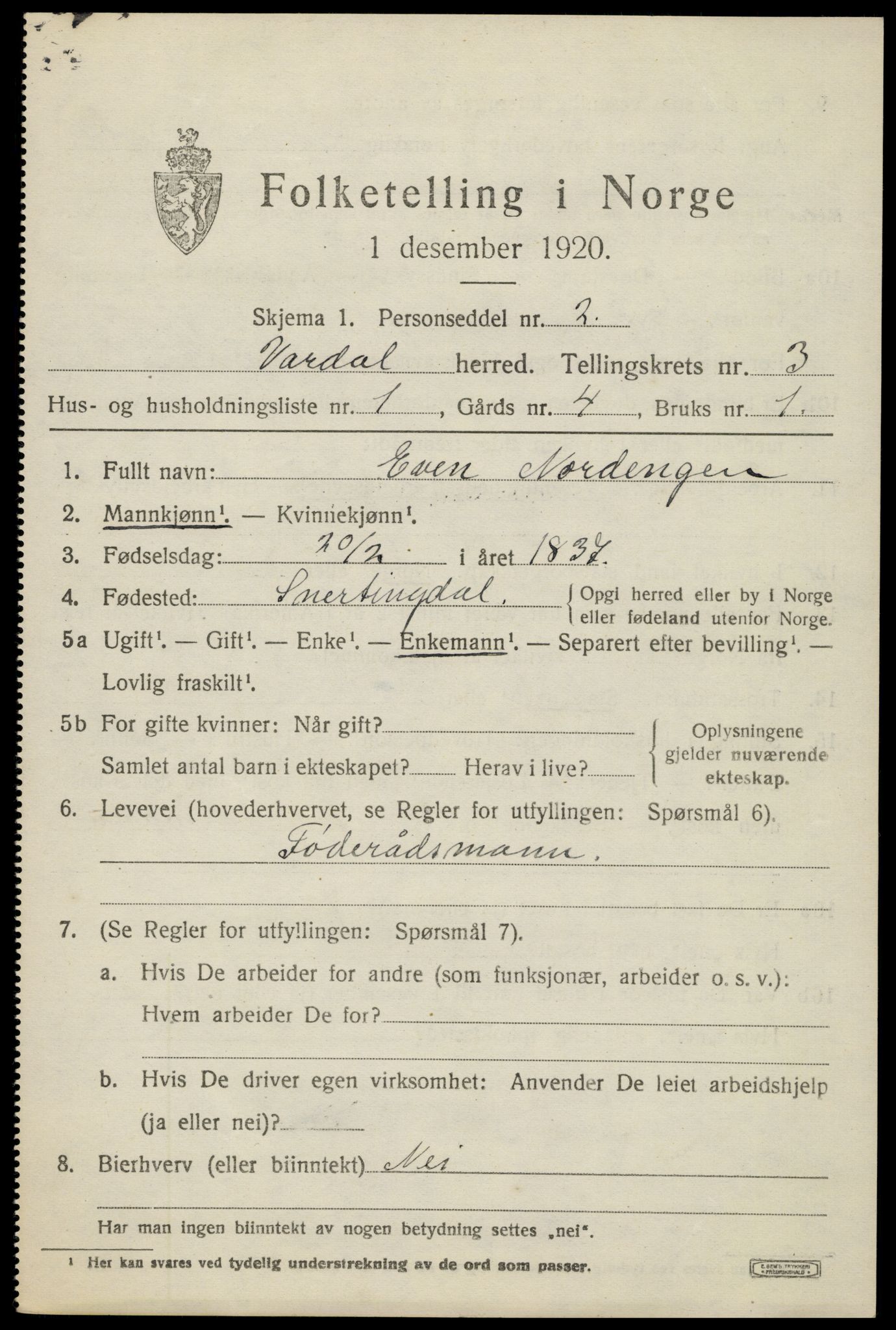 SAH, 1920 census for Vardal, 1920, p. 2659