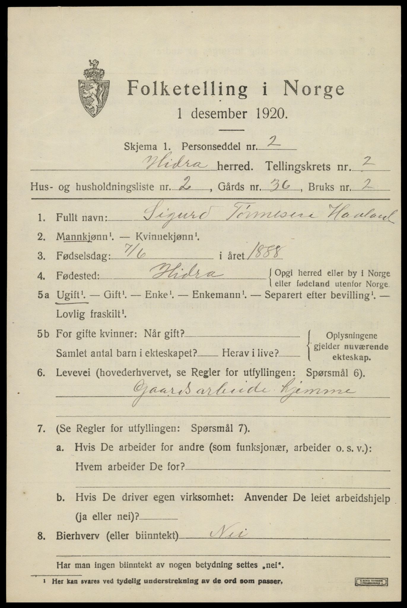 SAK, 1920 census for Hidra, 1920, p. 1168