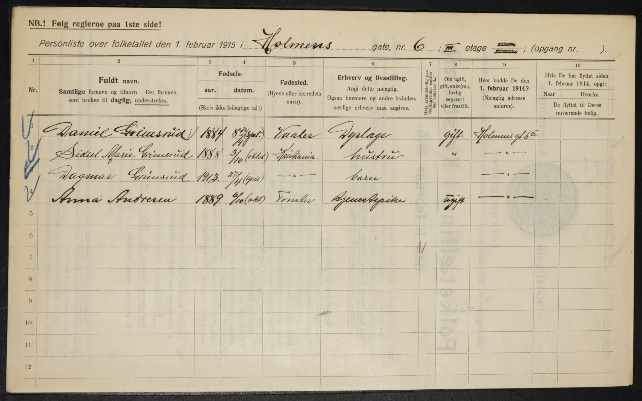 OBA, Municipal Census 1915 for Kristiania, 1915, p. 40465