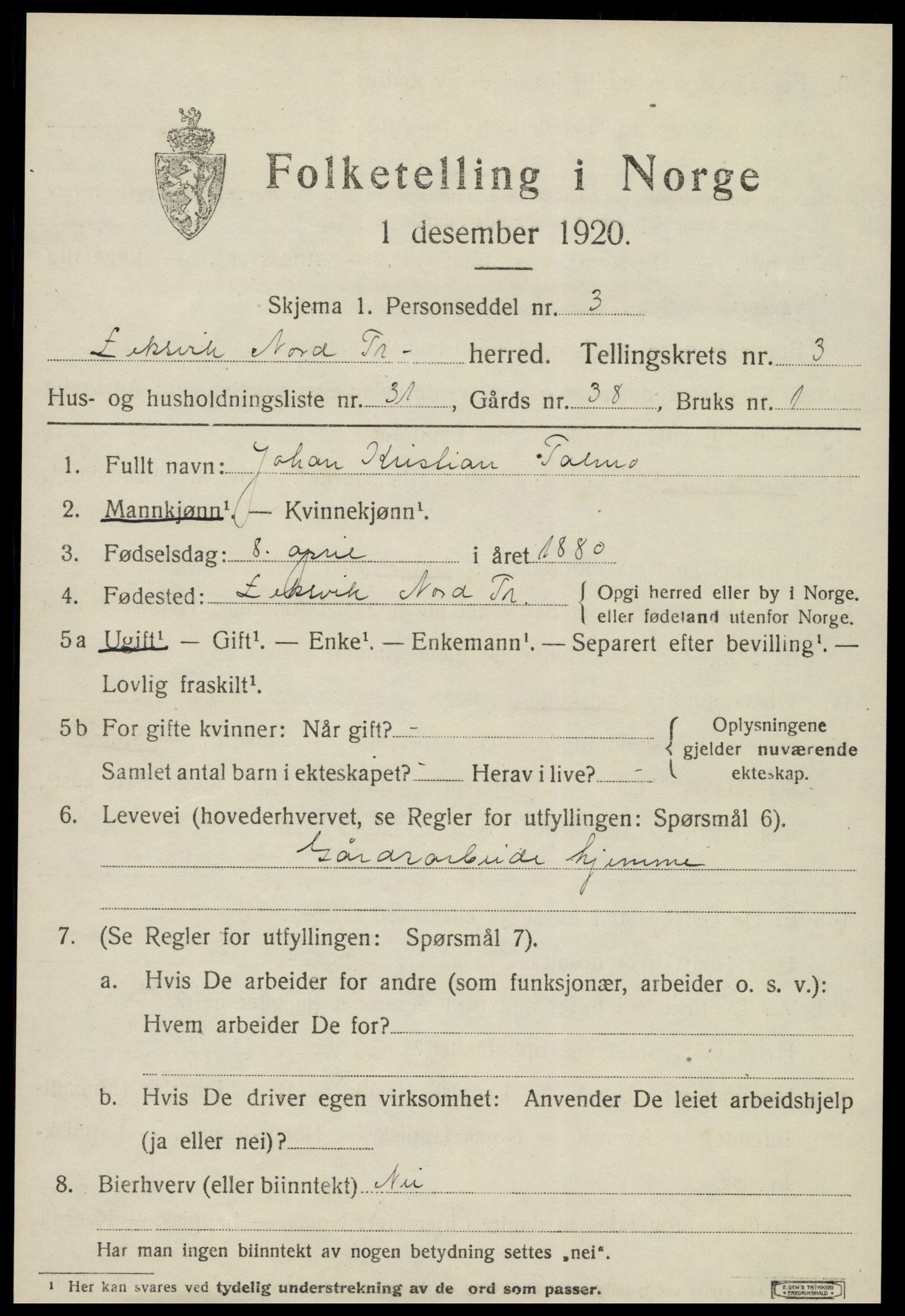 SAT, 1920 census for Leksvik, 1920, p. 3262