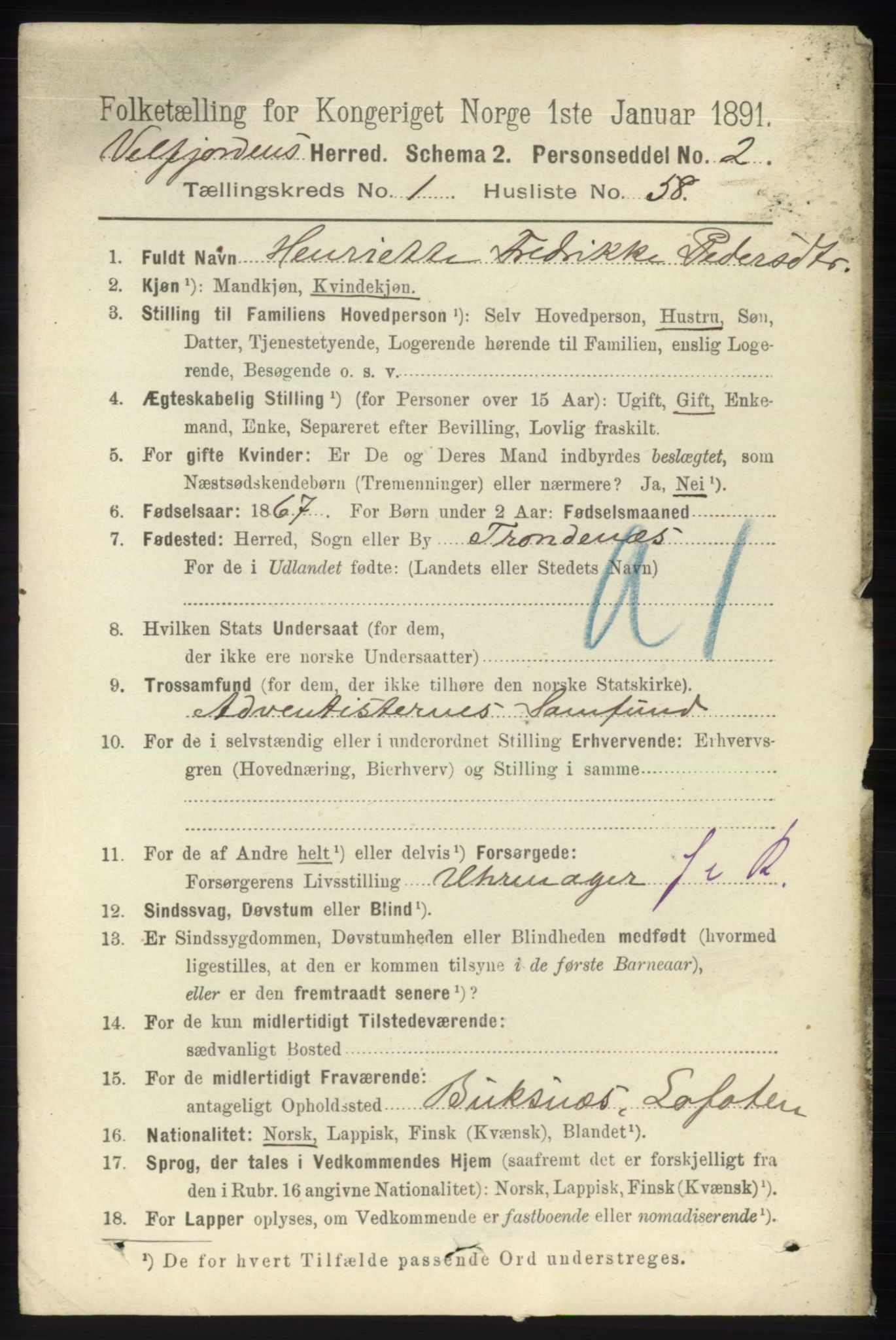 RA, 1891 census for 1813 Velfjord, 1891, p. 478