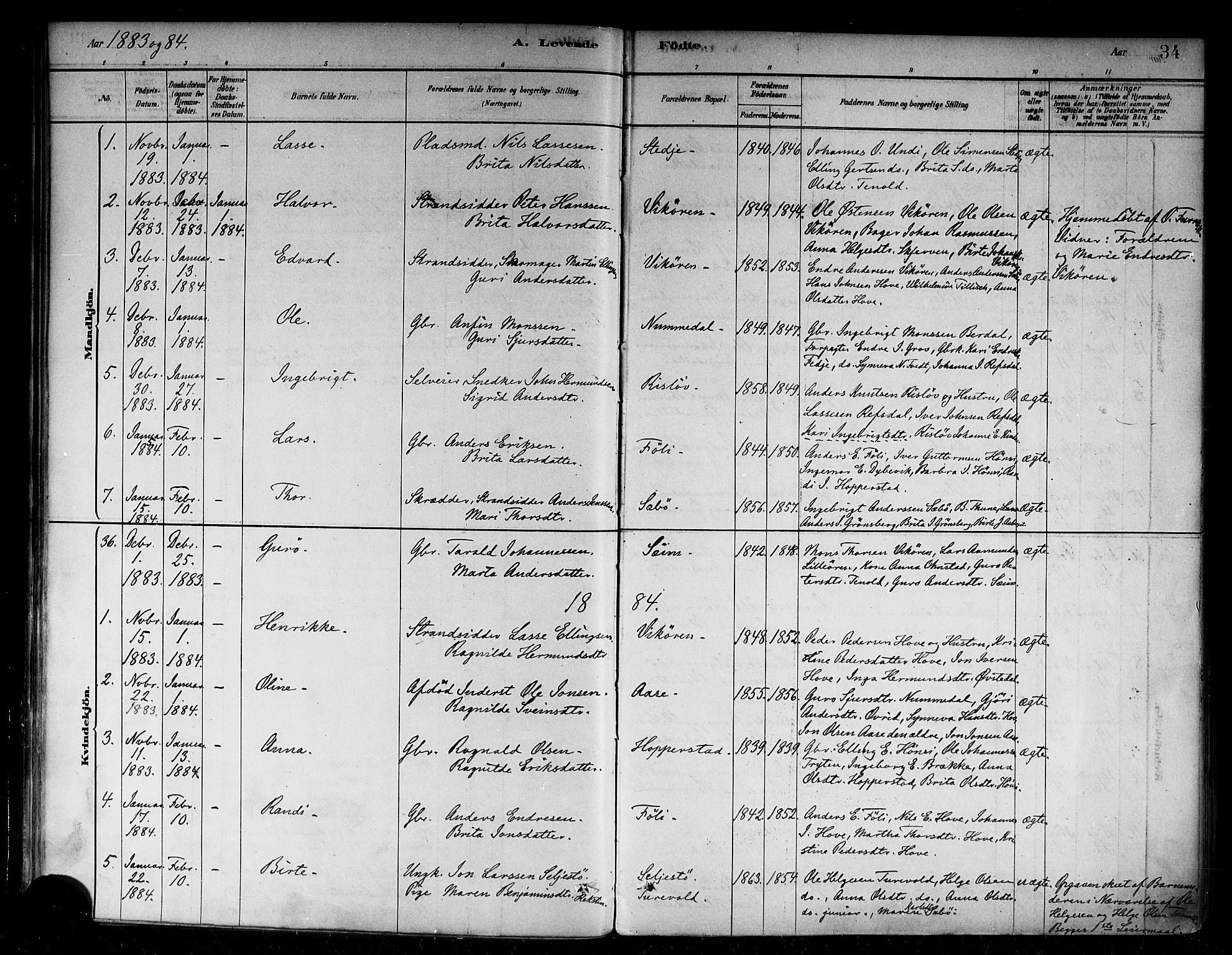 Vik sokneprestembete, SAB/A-81501: Parish register (official) no. B 1, 1878-1890, p. 34