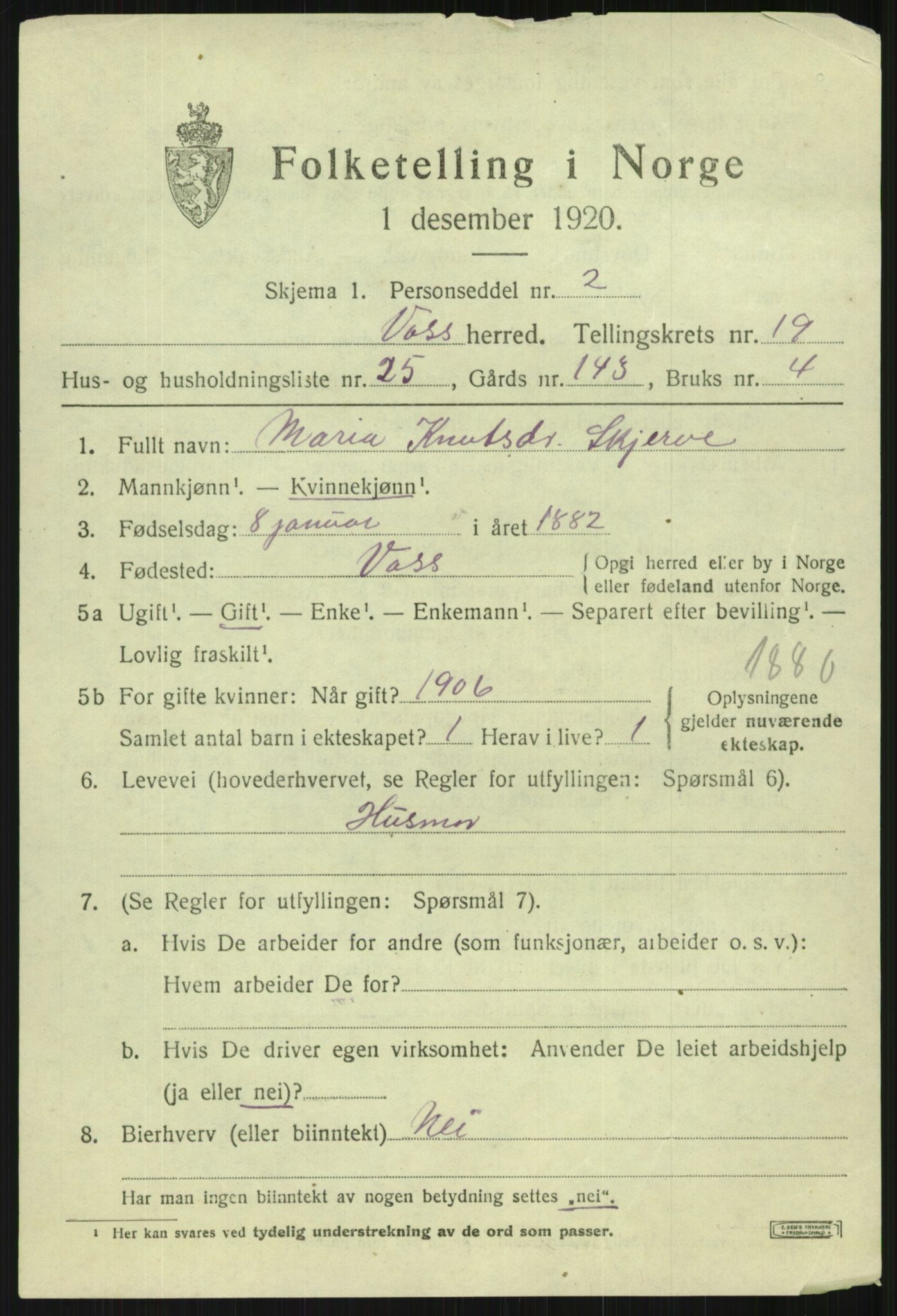 SAB, 1920 census for Voss, 1920, p. 14725