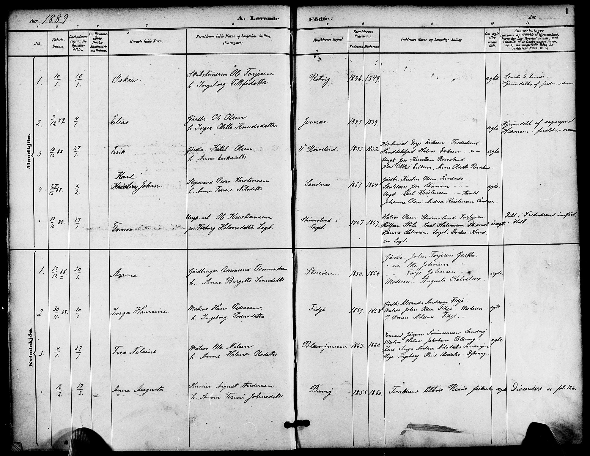 Søndeled sokneprestkontor, SAK/1111-0038/F/Fa/L0005: Parish register (official) no. A 5, 1889-1899, p. 1