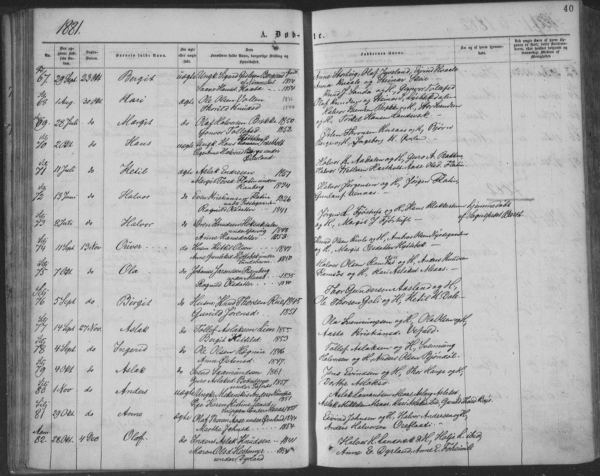 Seljord kirkebøker, SAKO/A-20/F/Fa/L0014: Parish register (official) no. I 14, 1877-1886, p. 40