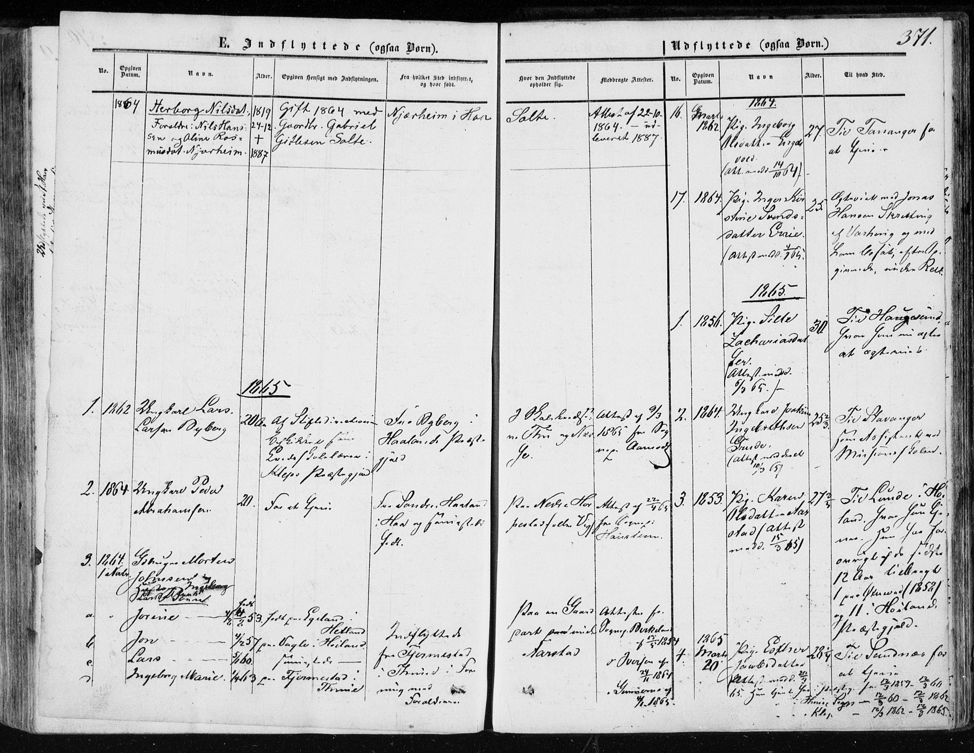 Klepp sokneprestkontor, AV/SAST-A-101803/001/3/30BA/L0005: Parish register (official) no. A 5, 1853-1870, p. 371