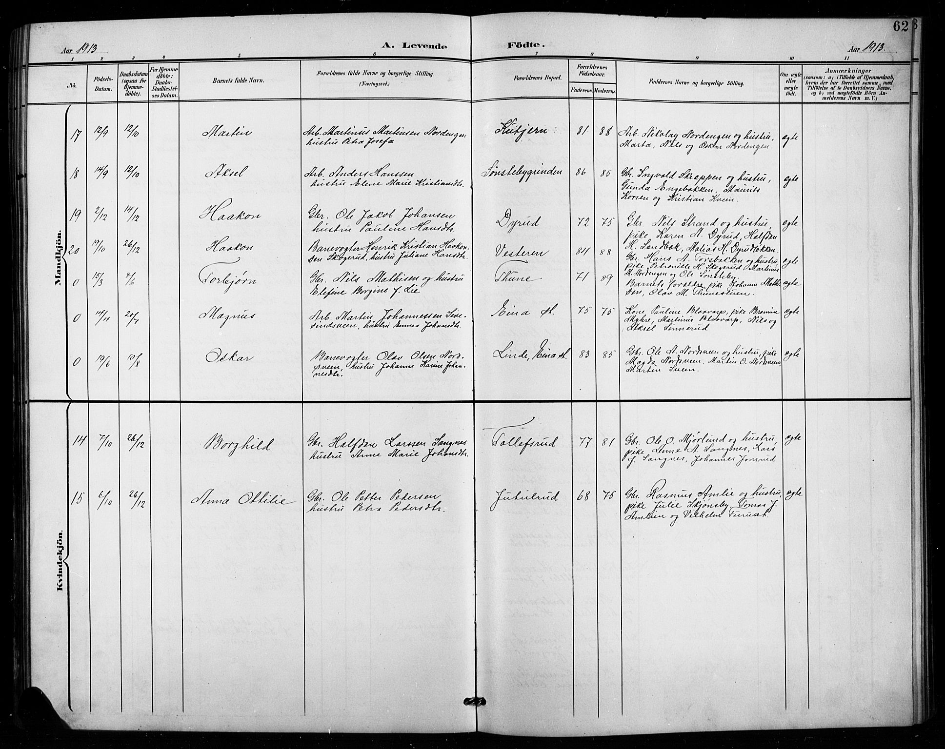 Vestre Toten prestekontor, SAH/PREST-108/H/Ha/Hab/L0016: Parish register (copy) no. 16, 1901-1915, p. 62