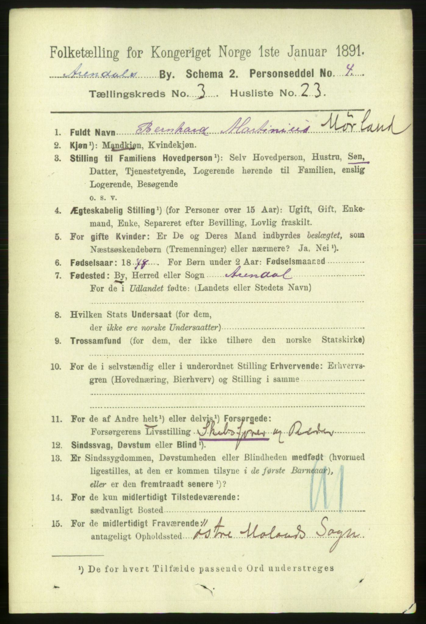 RA, 1891 census for 0903 Arendal, 1891, p. 1645