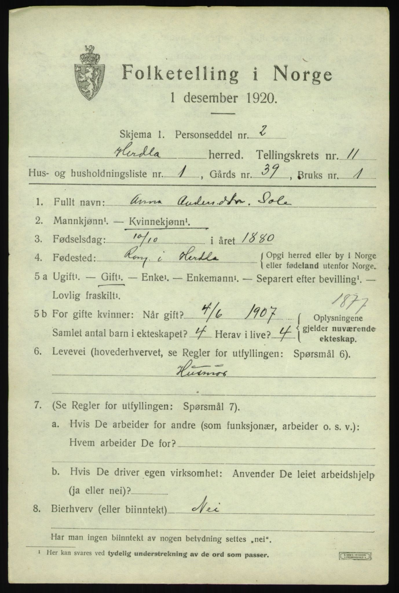 SAB, 1920 census for Herdla, 1920, p. 7529