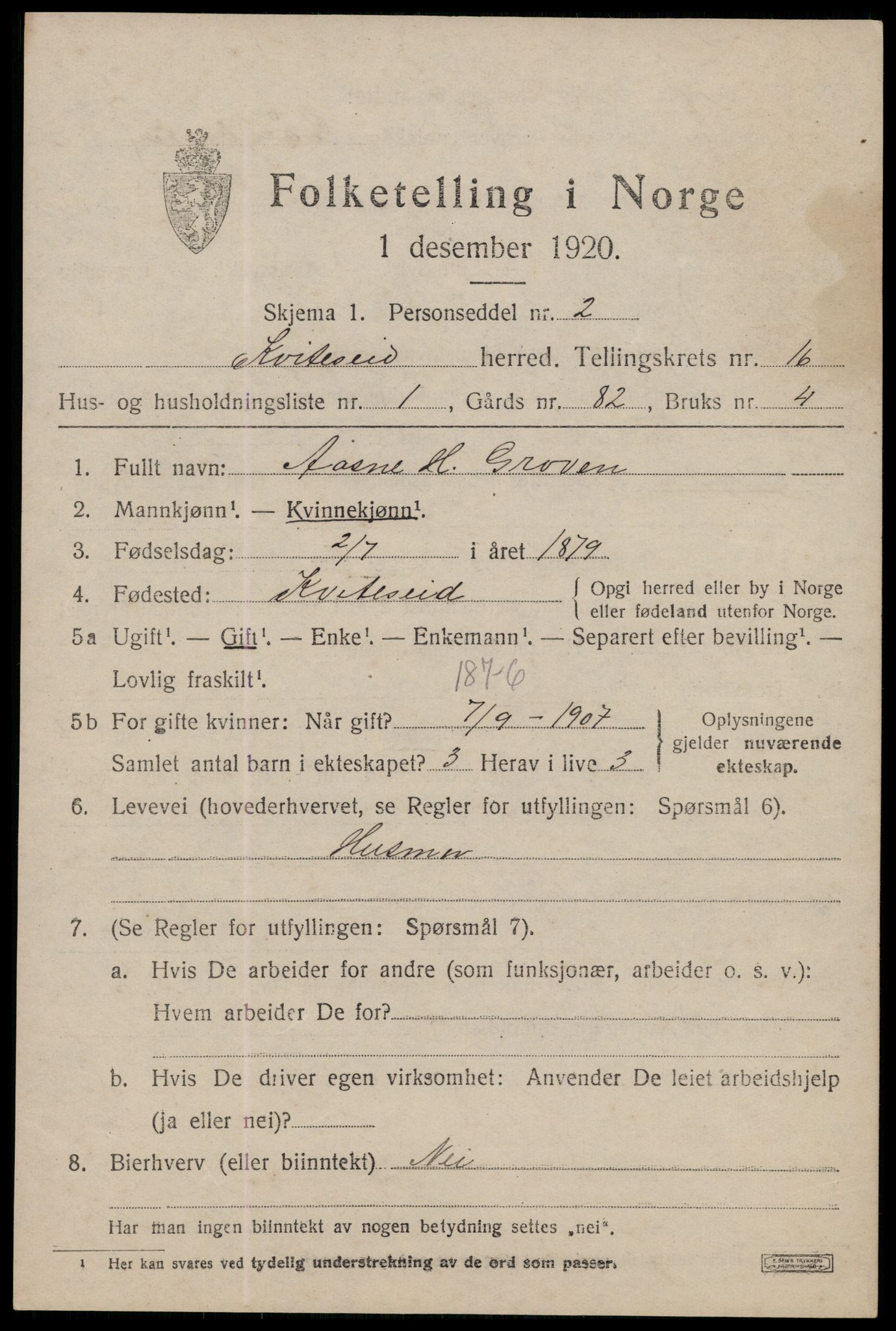 SAKO, 1920 census for Kviteseid, 1920, p. 7343