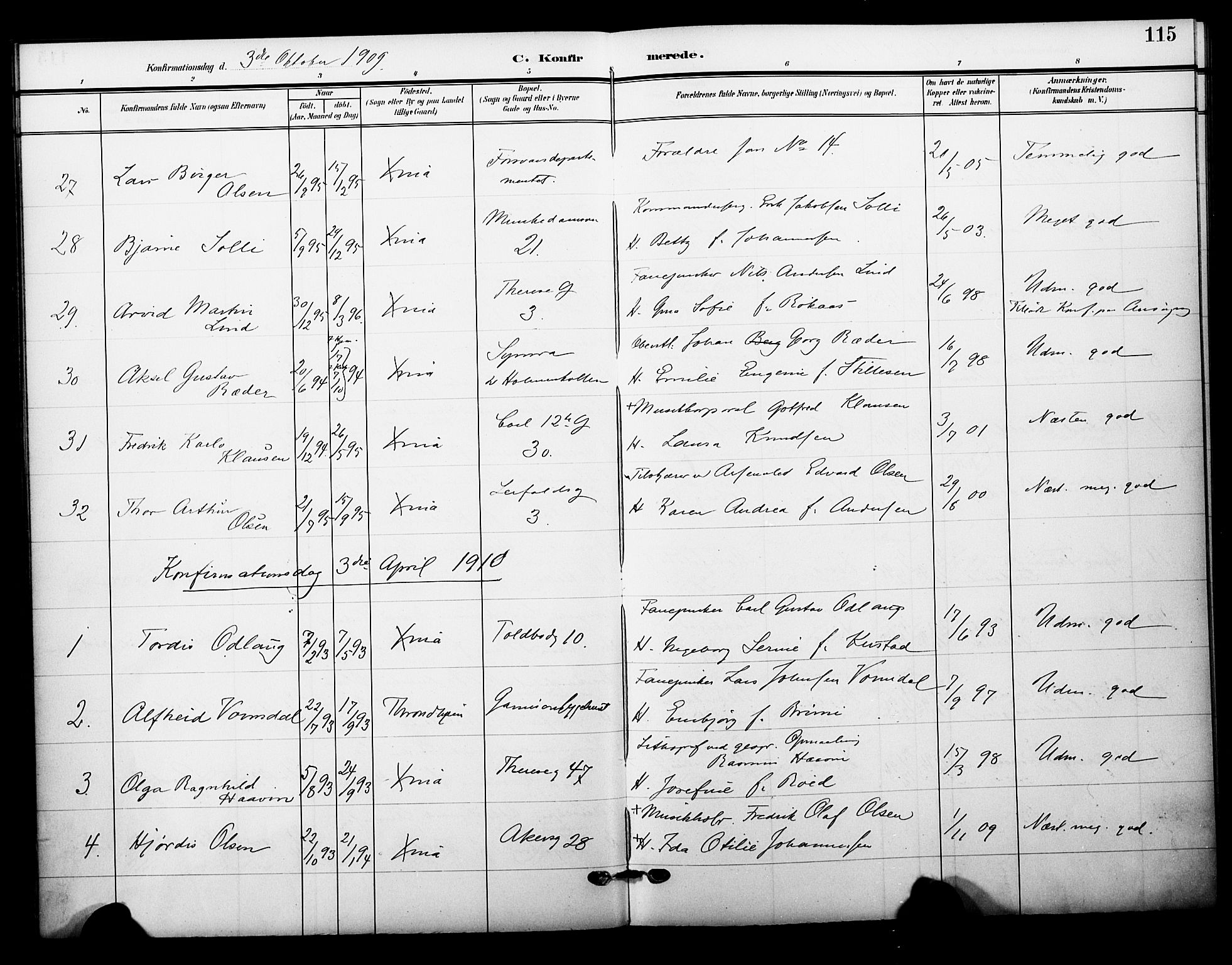 Garnisonsmenigheten Kirkebøker, SAO/A-10846/F/Fa/L0014: Parish register (official) no. 14, 1905-1914, p. 115