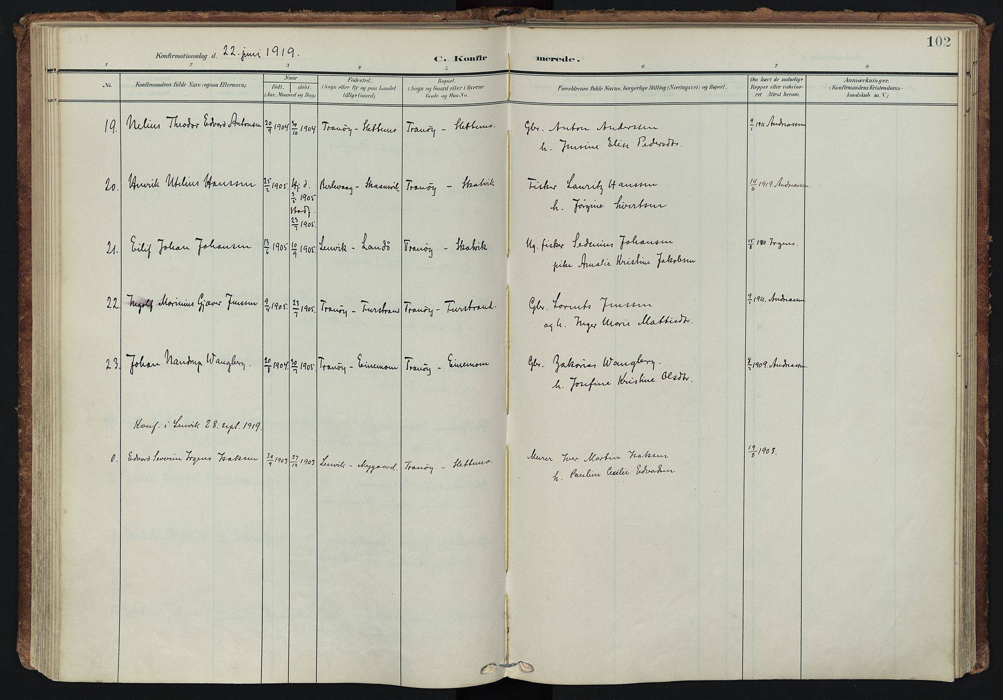 Tranøy sokneprestkontor, AV/SATØ-S-1313/I/Ia/Iaa/L0014kirke: Parish register (official) no. 14, 1905-1919, p. 102