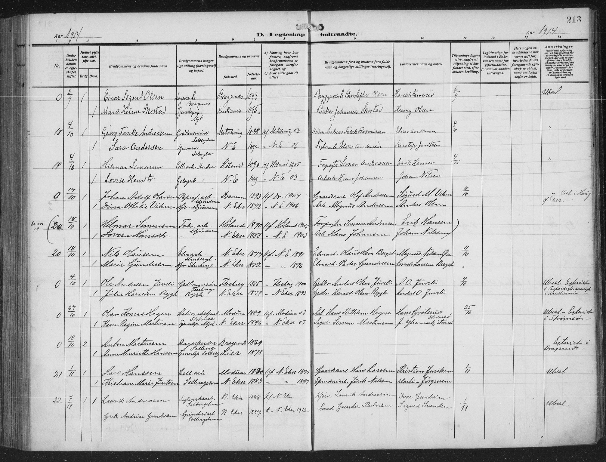 Nedre Eiker kirkebøker, AV/SAKO-A-612/F/Fa/L0007: Parish register (official) no. 7, 1912-1918, p. 213