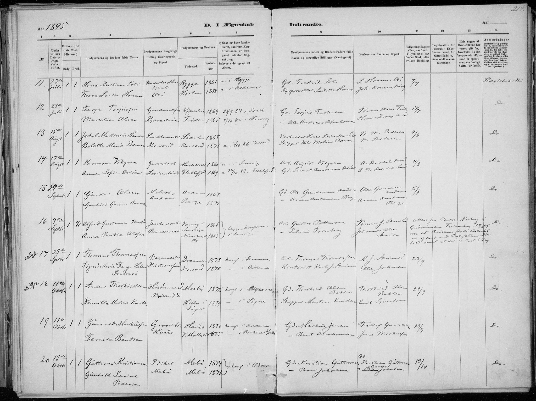 Oddernes sokneprestkontor, AV/SAK-1111-0033/F/Fa/Faa/L0009: Parish register (official) no. A 9, 1884-1896, p. 214