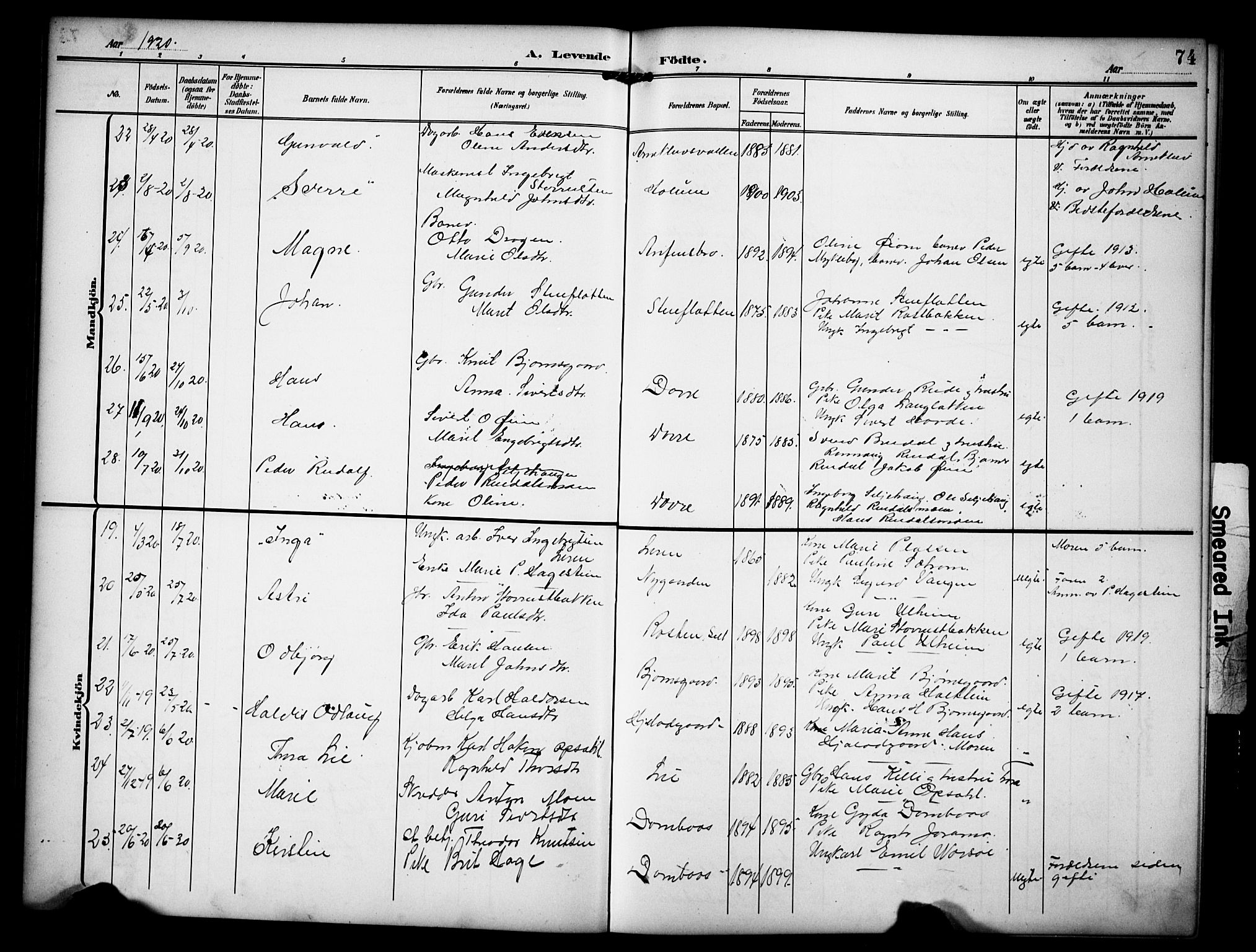 Dovre prestekontor, AV/SAH-PREST-066/H/Ha/Hab/L0003: Parish register (copy) no. 3, 1907-1929, p. 74