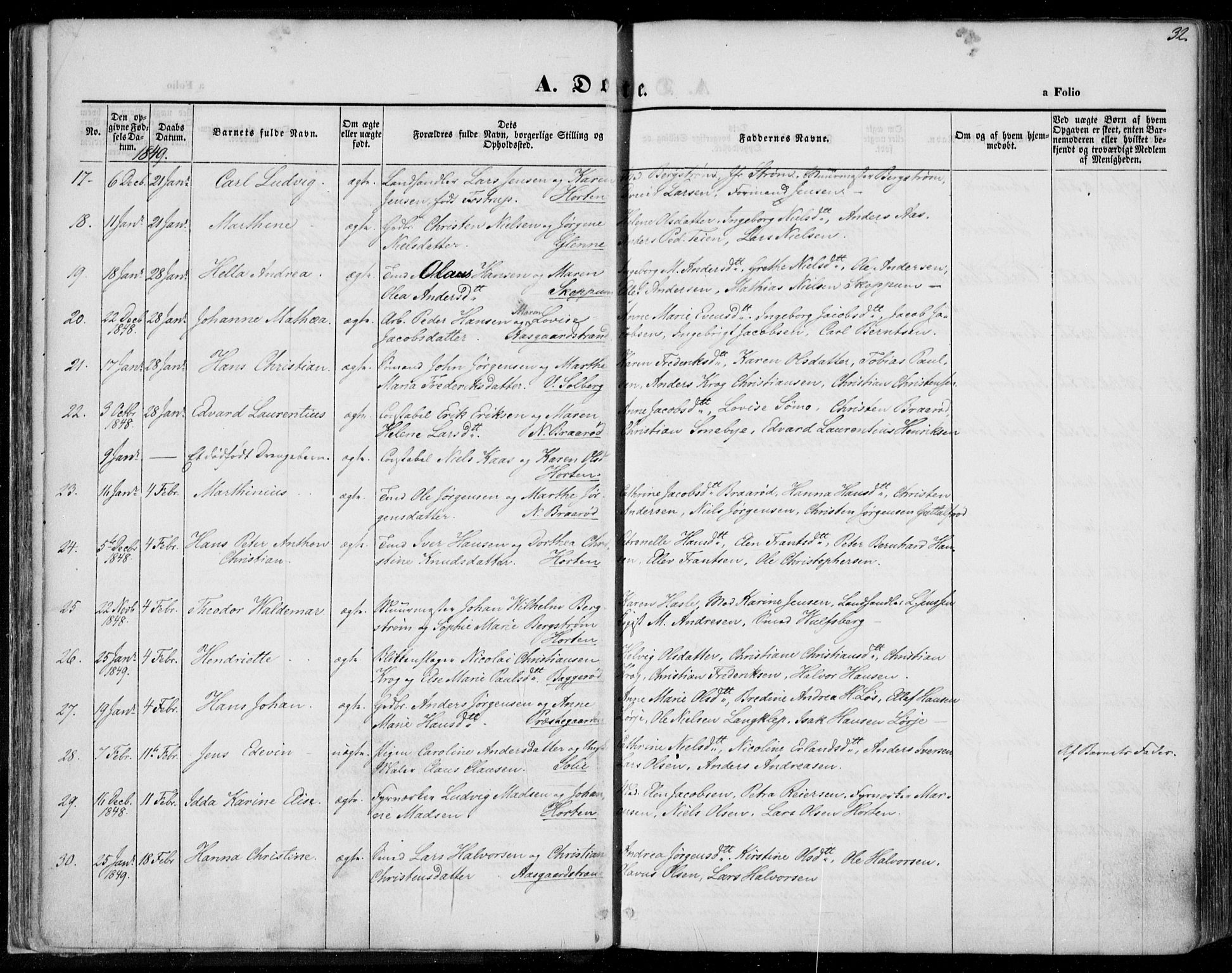 Borre kirkebøker, AV/SAKO-A-338/F/Fa/L0005: Parish register (official) no. I 5, 1845-1851, p. 32