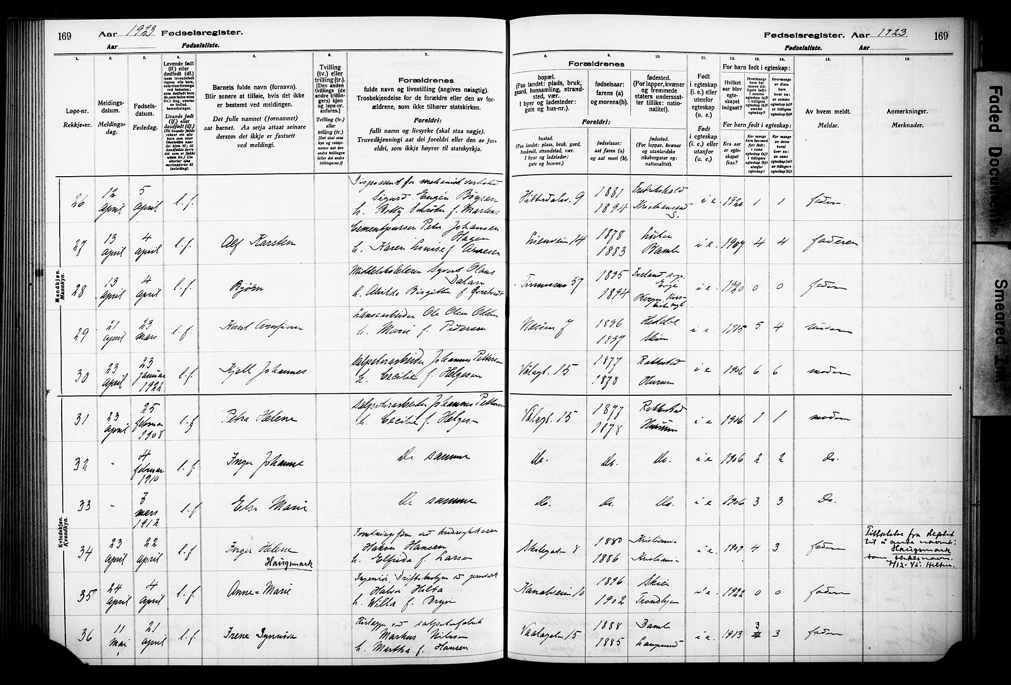 Notodden kirkebøker, AV/SAKO-A-290/J/Ja/L0001: Birth register no. 1, 1916-1924, p. 169