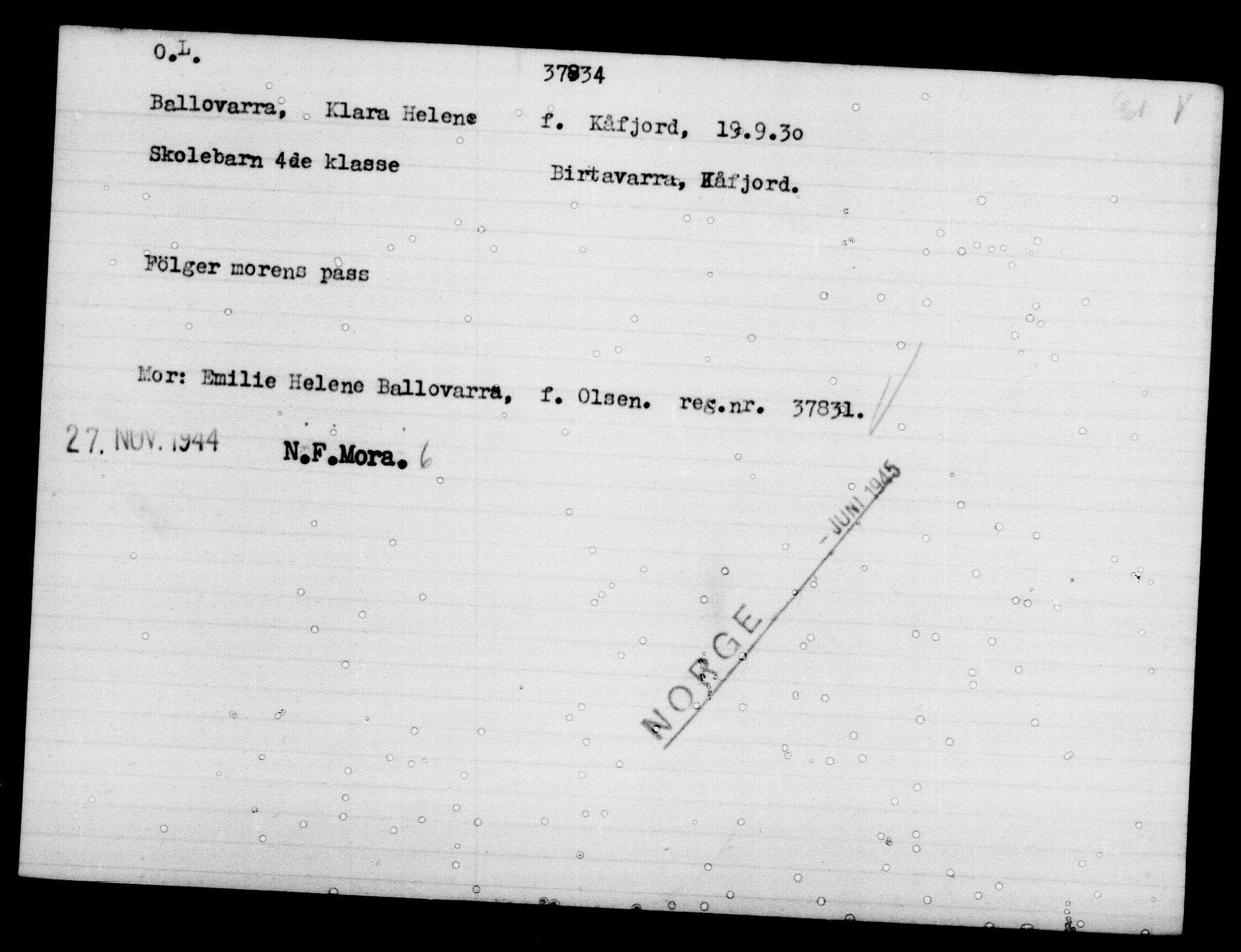 Utenriksstasjonene, Legasjonen i Stockholm, Flyktningkontoret, AV/RA-S-6753/V/Va/L0015: Kjesäterkartoteket, flyktninger med registreringsnr. 37800-40770, 1940-1945, p. 36