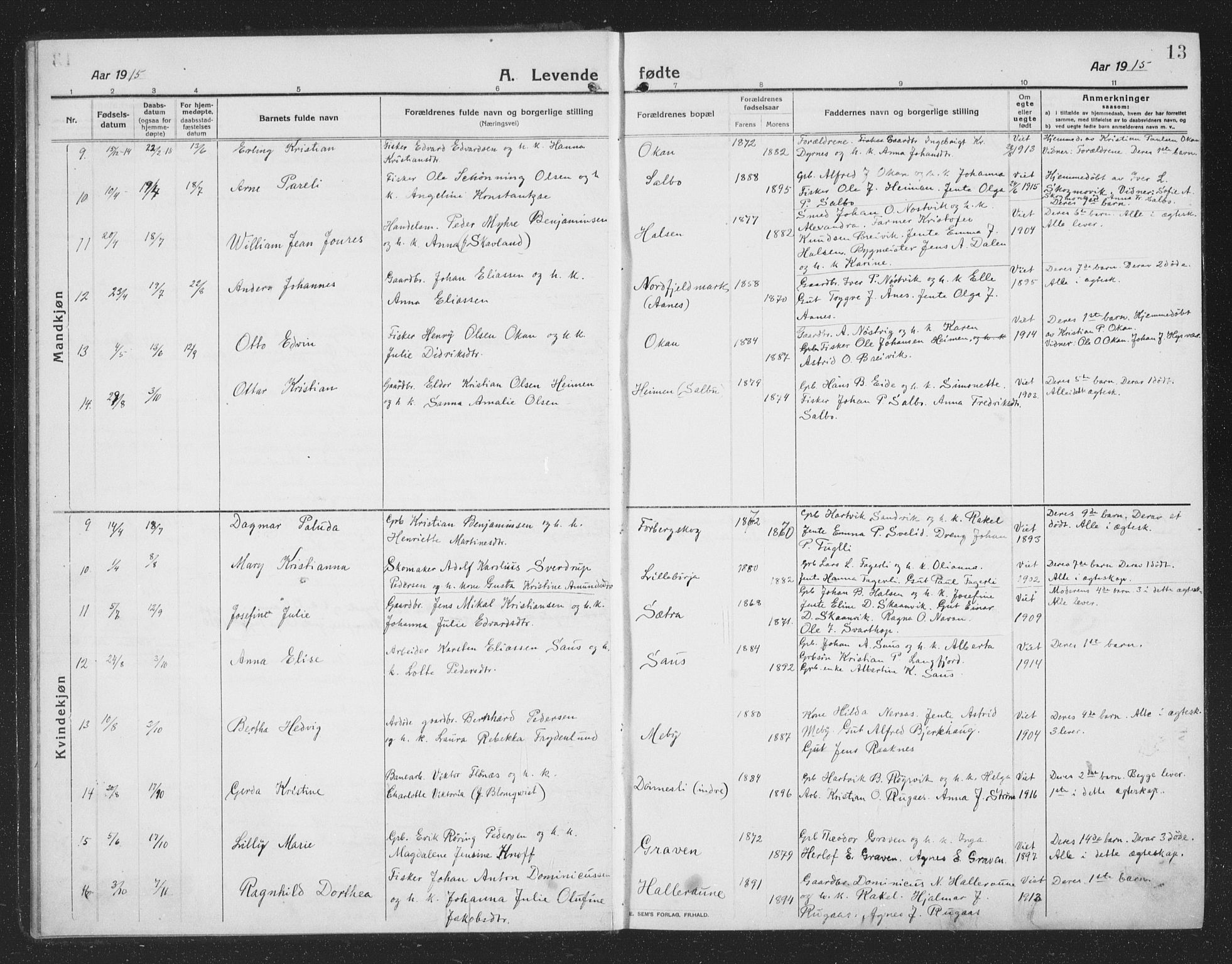 Ministerialprotokoller, klokkerbøker og fødselsregistre - Nordland, AV/SAT-A-1459/814/L0231: Parish register (copy) no. 814C04, 1912-1926, p. 13