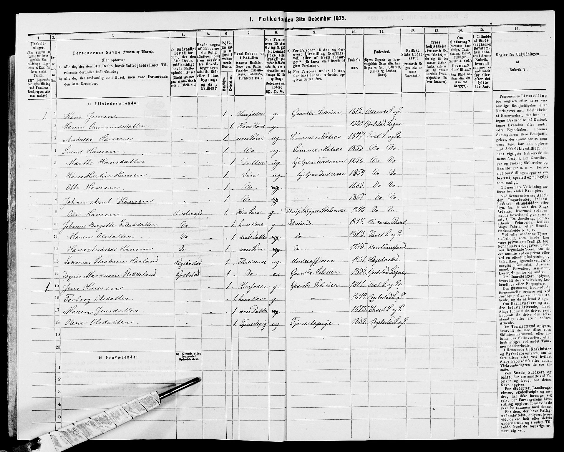 SAK, 1875 census for 1013P Tveit, 1875, p. 504